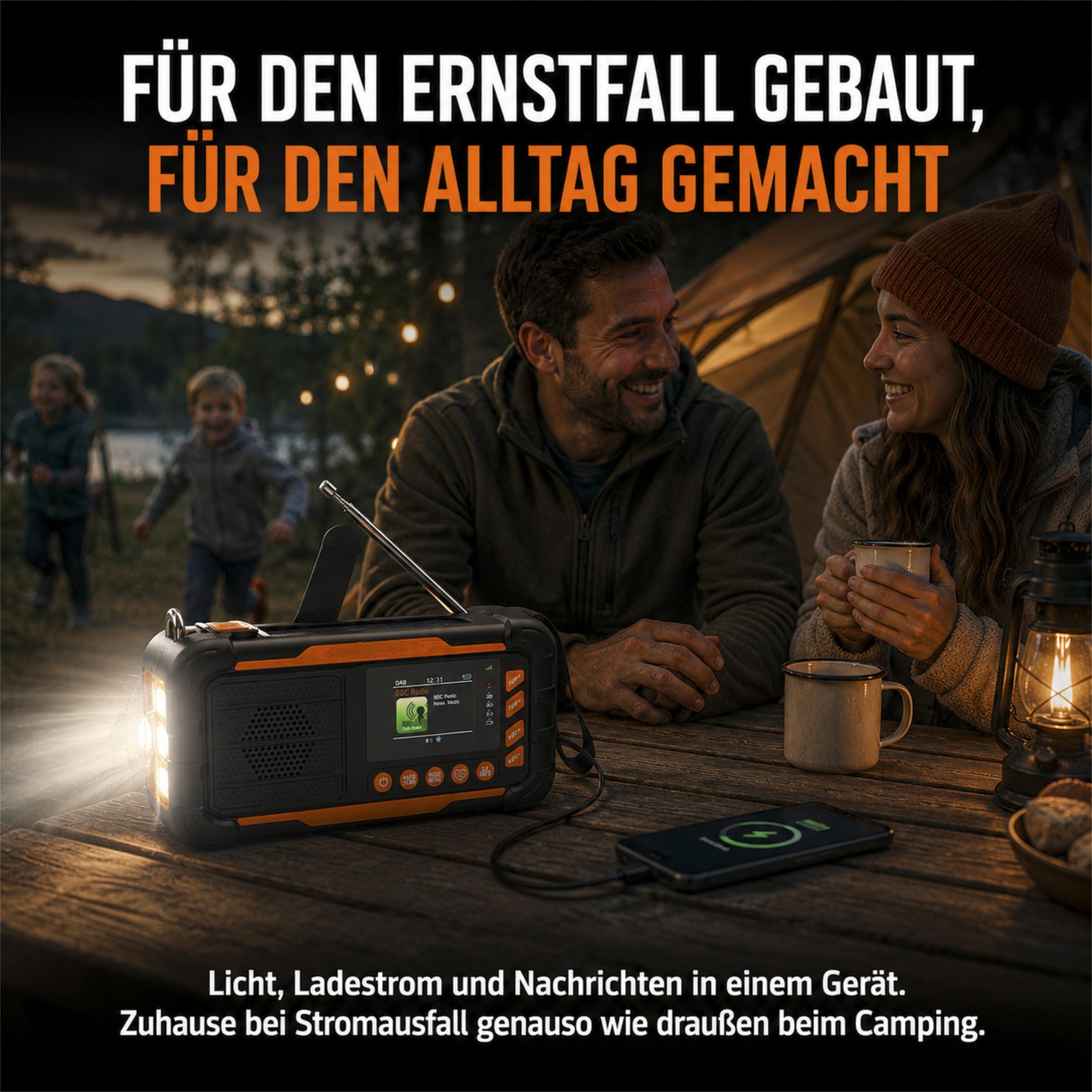 ration1 DAB+ Radio Kurbelradio Notfallradio mit Powerbank, Solar & Kurbel | 10.000 mAh, 80 h Laufzeit, USB-C, Bluetooth 5.3, 2 Zoll Display, Radiowecker, SOS, AA-Reserve, ASA Funktion, Baustellenradio