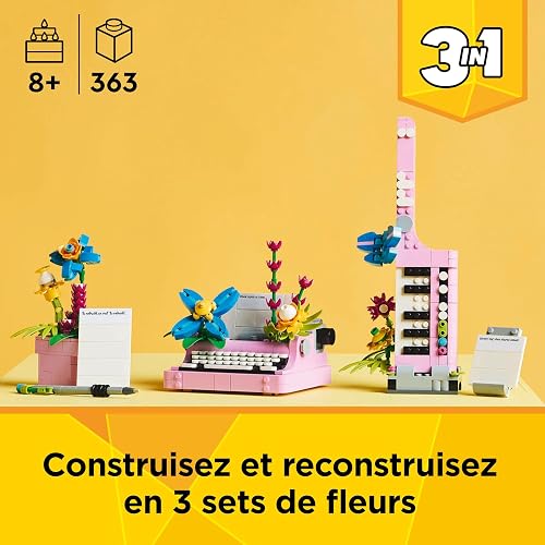LEGO Creator 3-en-1 La Machine à Écrire avec des Fleurs - Jouet de Construction Se Transformant en Maquette de Keytar ou en Pot de Fleurs - Cadeau d'anniversaire Original Fille ou Garçon 8 Ans 31169 - 2