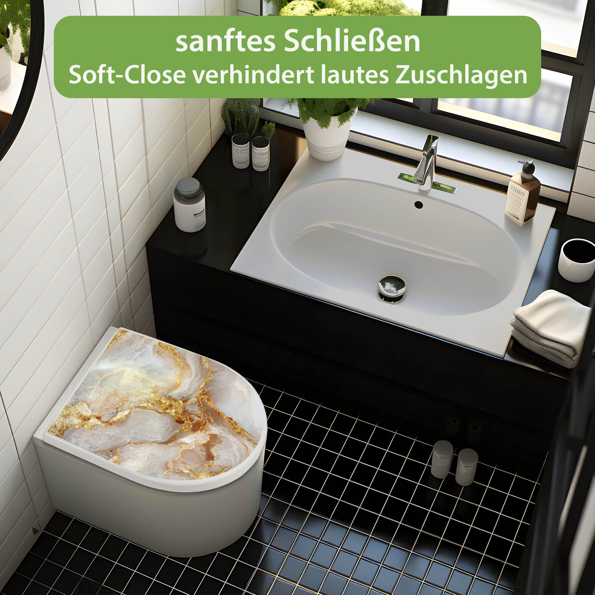 banjado WC Sitz mit Absenkautomatik D Form - Toilettendeckel mit Absenkautomatik D Form - Klodeckel Softclose - stabile Klobrille - Toilettensitz Weiß - Motiv Weißer Marmor mit Gold 1
