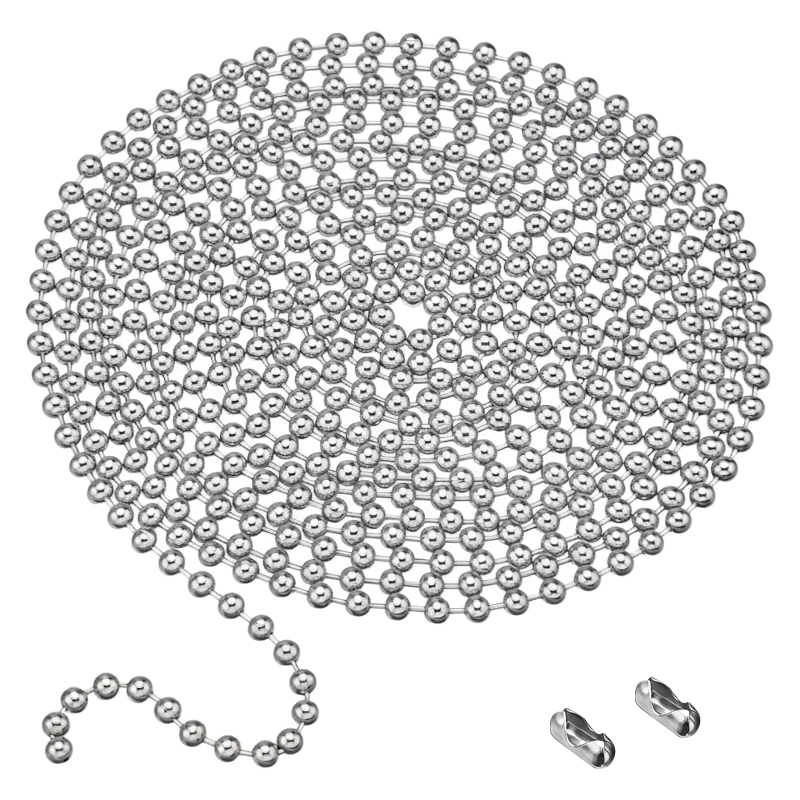 Mornavith 2 Meter Roller Blind Chain, 4.5mm Silver Beaded Pull Chain, Includes 2 Connectors, Durable Window Blinds Accessories