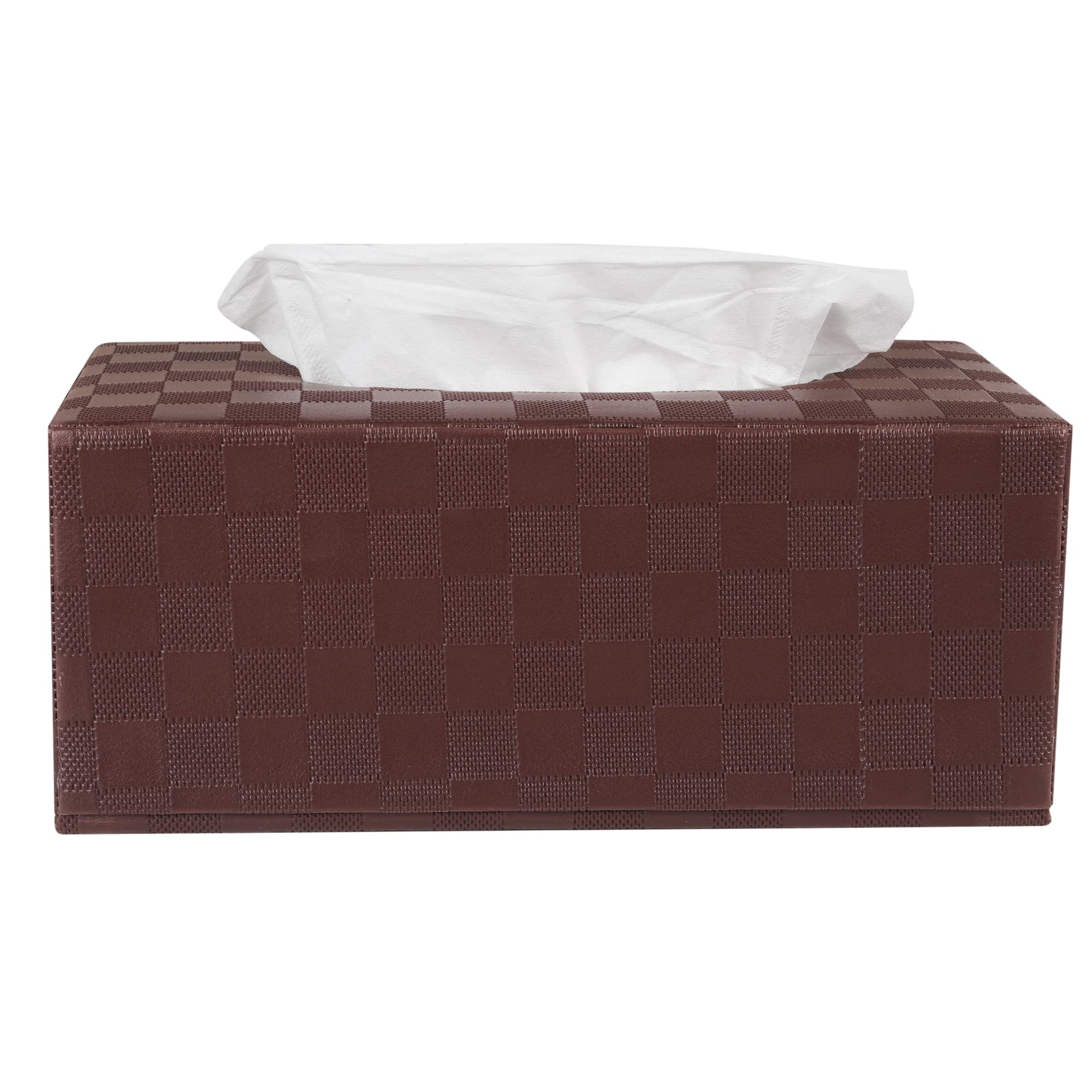 Anything & Everything Faux Leather Tissue Box Holder, Napkin Holder Box for Home and Car (Check) Brown 2