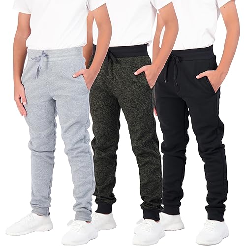 Real Essentials 3 Pack: Boys Youth Active Athletic Soft Fleece Jogger Sweatpants
