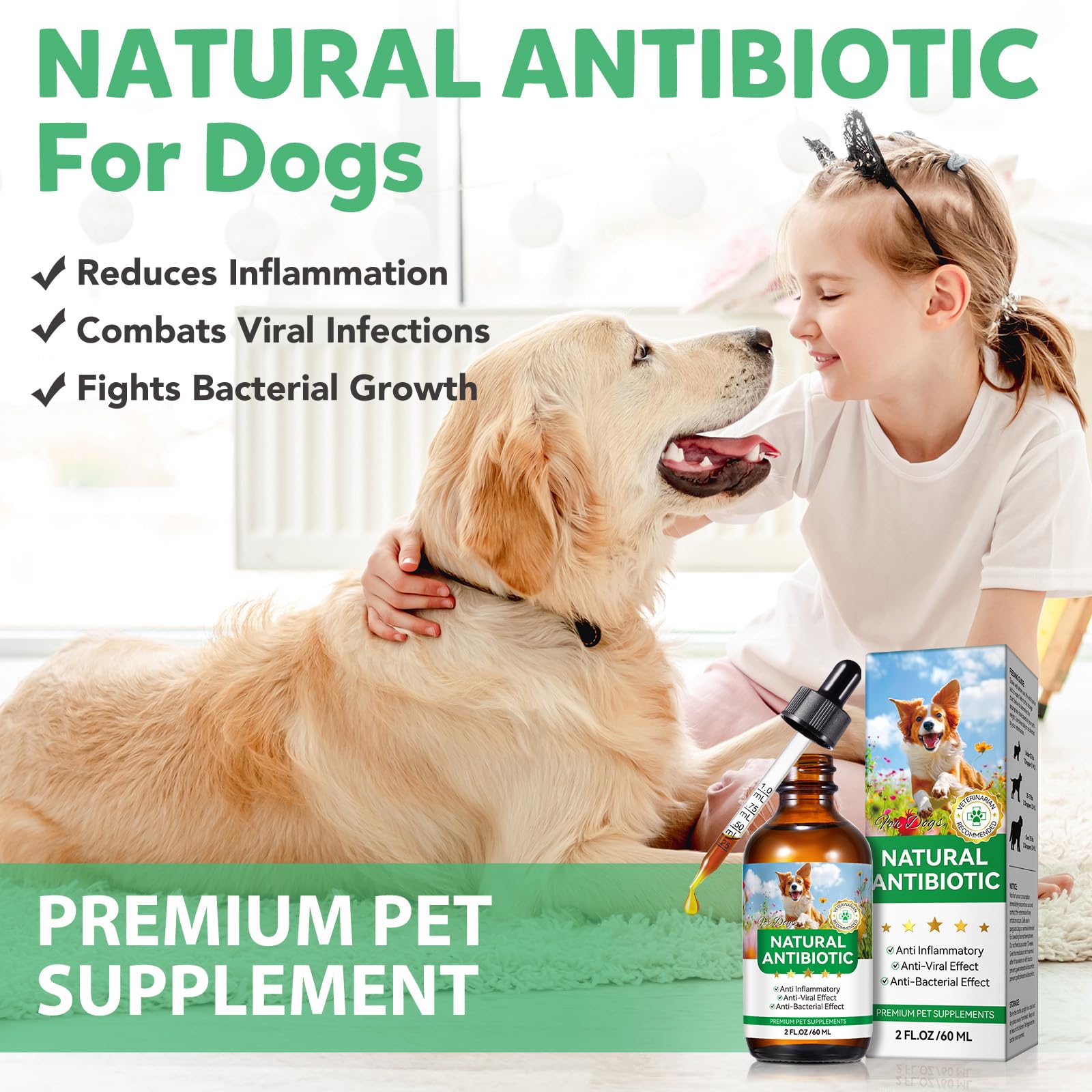 Hund Antibiotika, Natürliche Antibiotika für Hunde 60ml, Antibiotika für Hunde, juckende Haut Relief, Unterstützt Allergie Relief, Hund Antibiotika für Haut Infektion - Bacon Flavor - 2 Stück