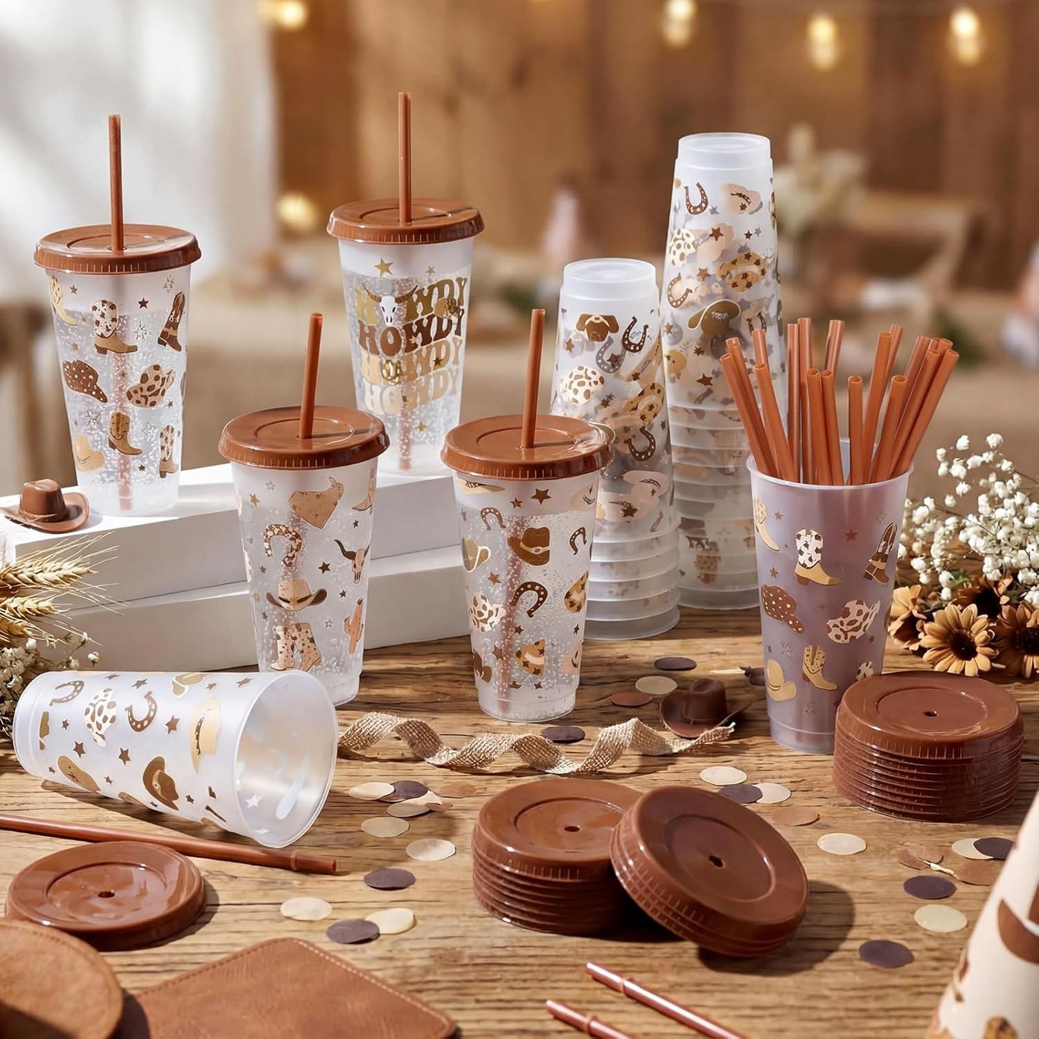 24 Pcs Western Cowboy Cups Bulk with Lid and Straw, 24 oz Reusable Glitter Howdy Brown Plastic Tumbler Cowboys Party Favors for Western Bachelor Wedding Birthday Party Supplies, 6 Styles