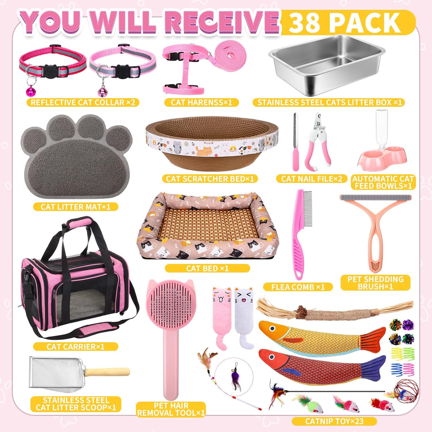 38 Pcs Kitten Supplies Starter Kit Cat Essentials Set Include Cat Scratcher Cardboard Stainless Steel Litter Box Bed Carrier Kitten Toys Accessories for Welcome Gift Supplies