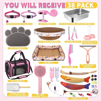 38 Pcs Kitten Supplies Starter Kit Cat Essentials Set Include Cat Scratcher Cardboard Stainless Steel Litter Box Bed Carrier Kitten Toys Accessories for Welcome Gift Supplies