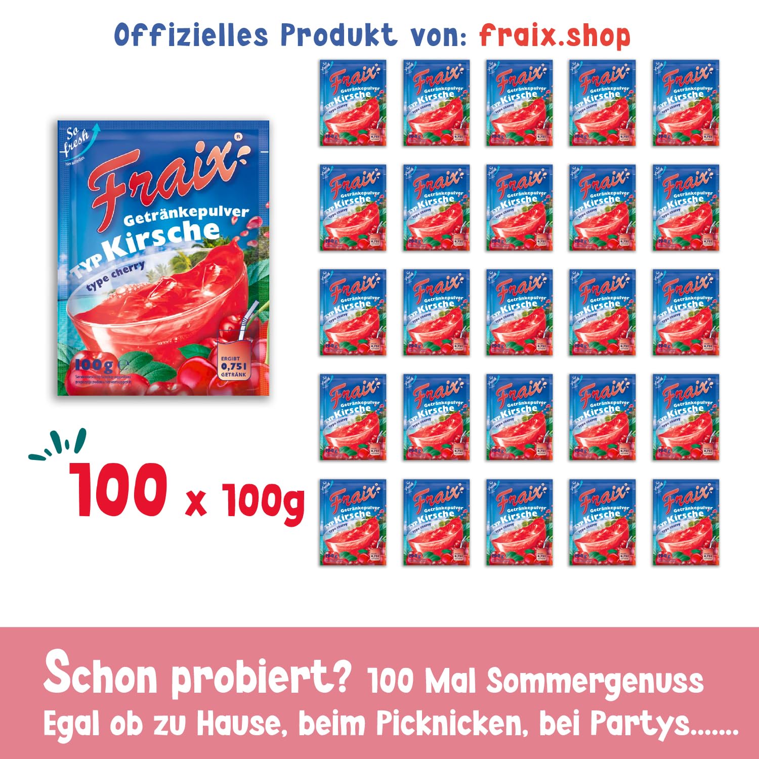 FRAIX Proszek do napojów, wiśnia, opakowanie 100 sztuk (100 x 100 g), proszek owocowy o smaku wiśni, idealny w podróży, na przyjęcie urodzinowe