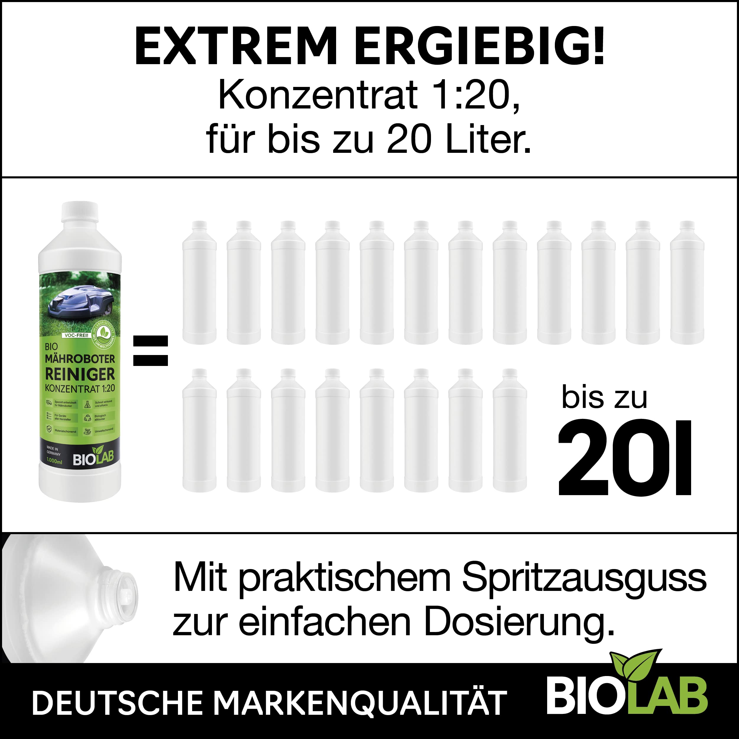 Biolab Bio Mähroboter Reinigungsset, zur Reinigung von Rasenmäher Roboter, 1000 ml Reiniger Konzentrat plus Sprayflasche zum Mischen