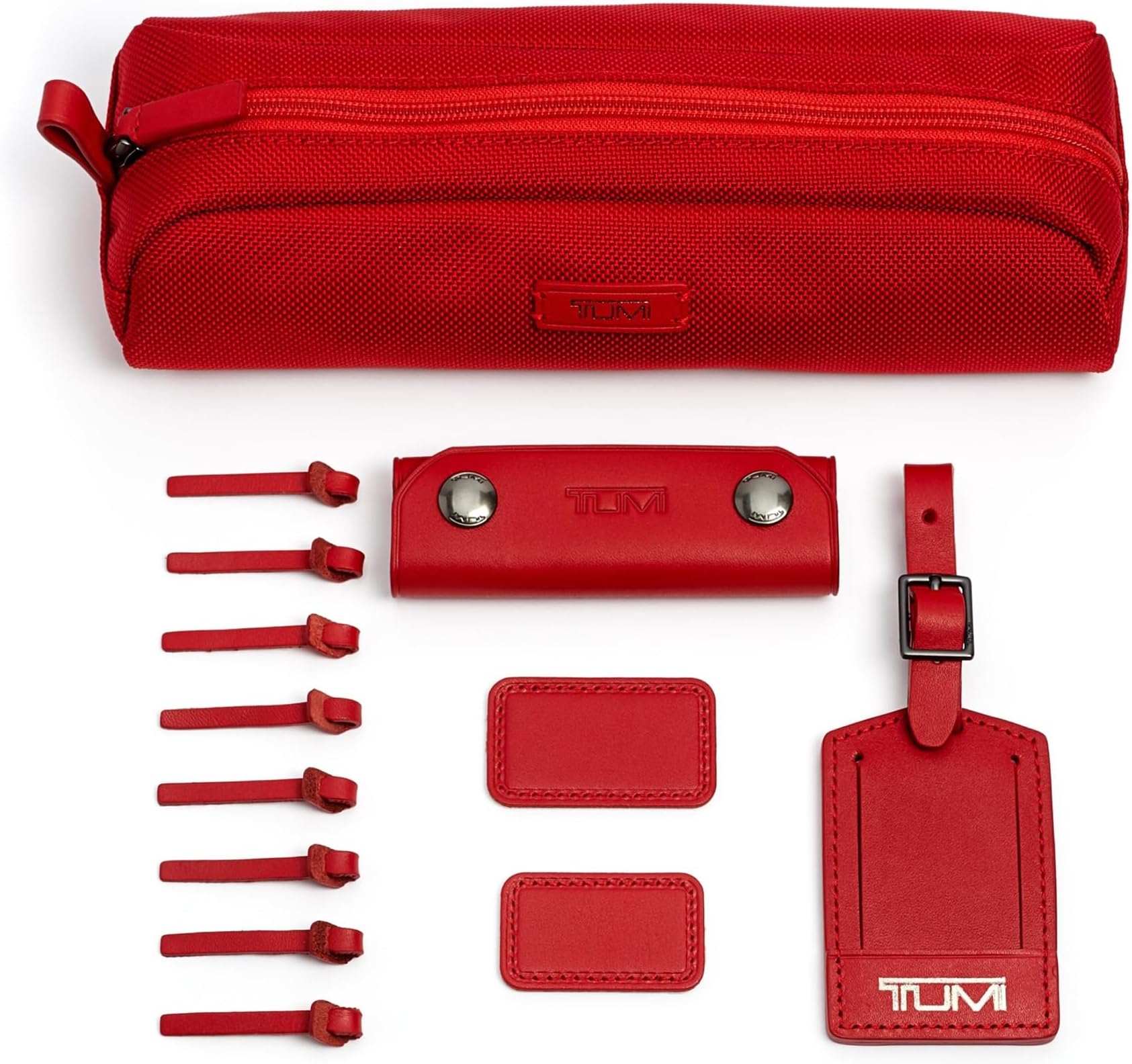 TUMI - Accents Kit - Includes 2 Leather Monogram Patches, 1 Leather Luggage Handle Wrap, 1 Luggage Tag & 8 Leather Zipper Pulls - Cherry