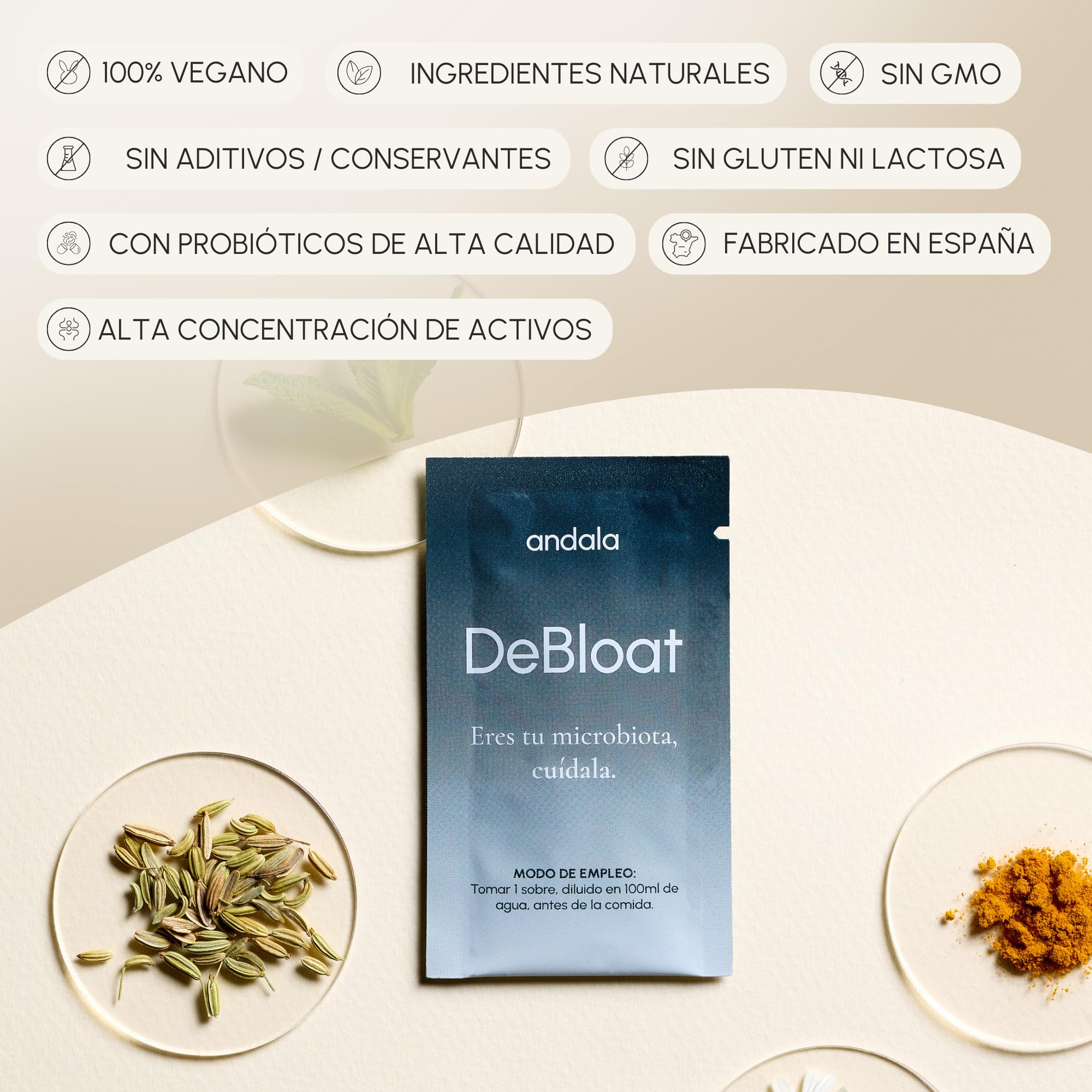 DeBloat - Digezyme Enzimas Digestivas con Probioticos Synbio Alivian Gases e Hinchazon Adultos y Mejoran la Digestion - Curcuma, Manzanilla, Menta e Hinojo - 30 Sobres