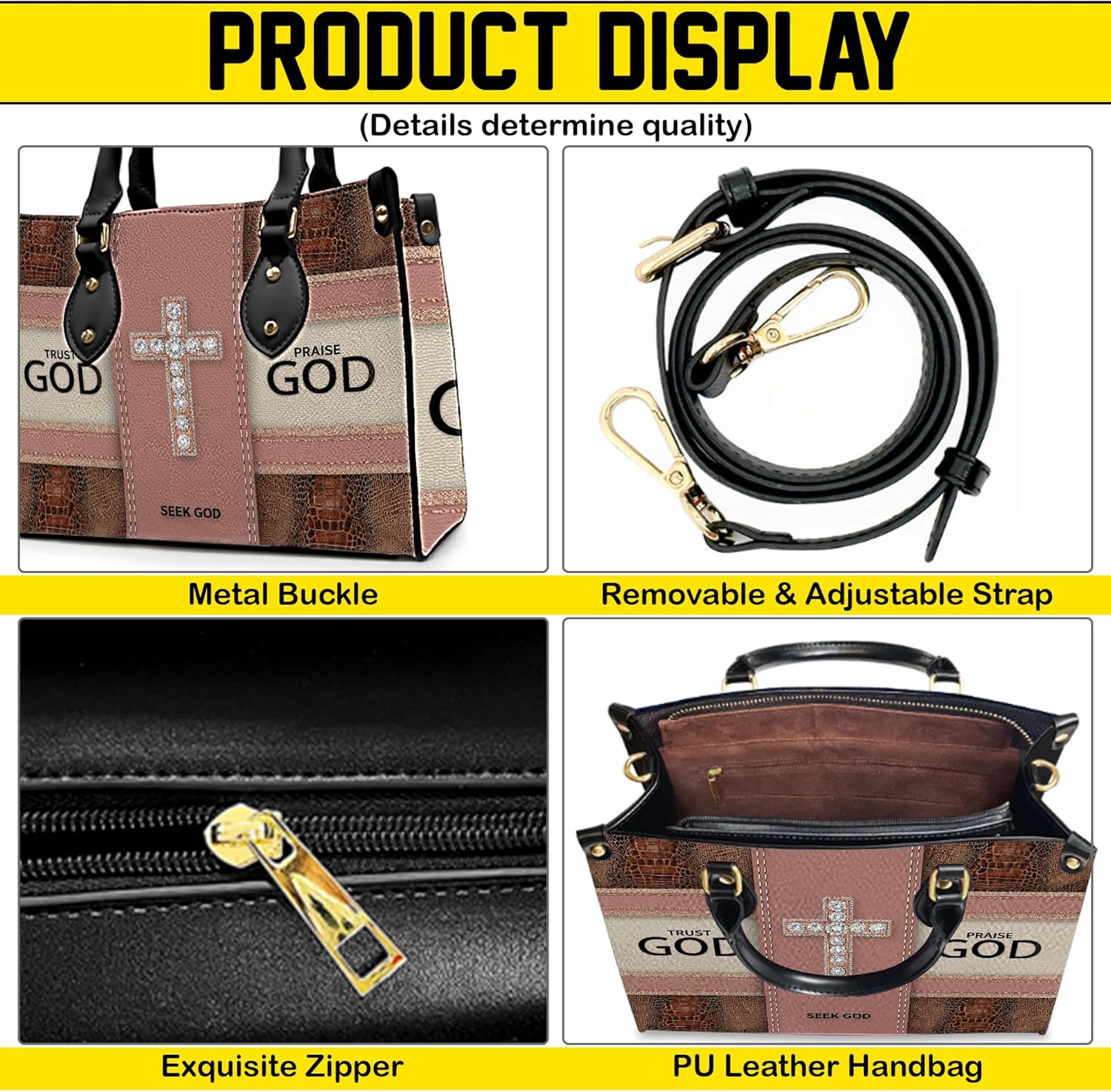 Christian Leather Handbag, Custom Faith with Cross Religious PU Leather Purse Gift for Women, Mom, Sister | PU Leather, Strap Adjustable