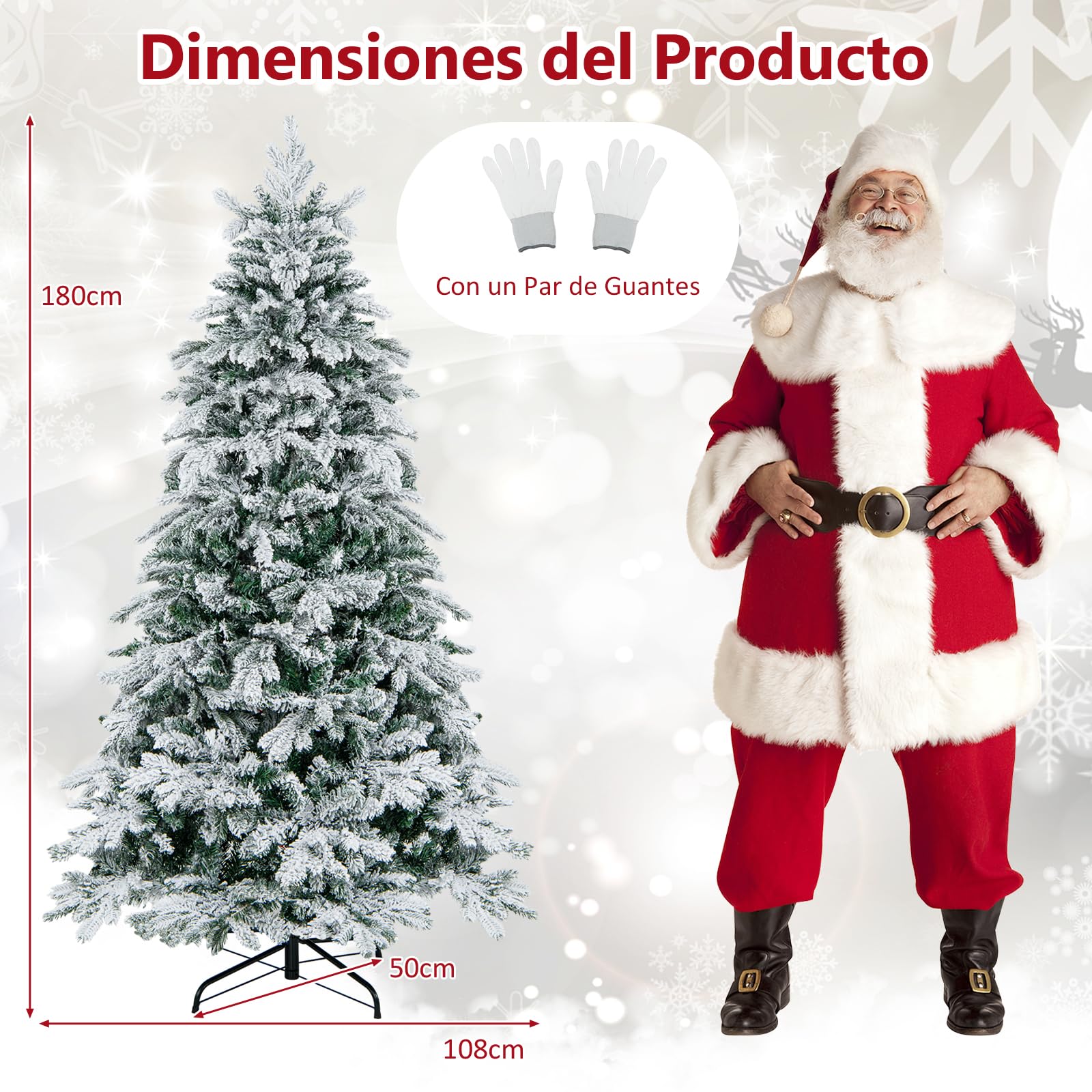 COSTWAY Árbol de Navidad Nevado con Luces 180cm, Arbol de Navidad con Luces Incorporadas, 260 Luces LED Cálidas, 1415 Puntas de PVC y PE, Arvore de Natal Hogar Oficina Fiesta (180cm)