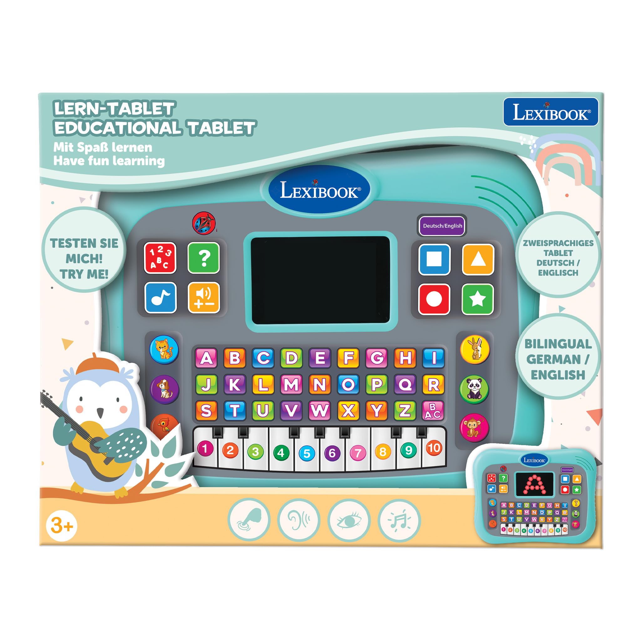 Lexibook, Tablette éducative bilingue Anglais/Allemand Tablette Parlante avec Ecran pour Apprendre l'alphabet, Les Chiffres et Les Animaux, Modes Piano et Quiz Interactifs, Bleu, JCPAD007i3