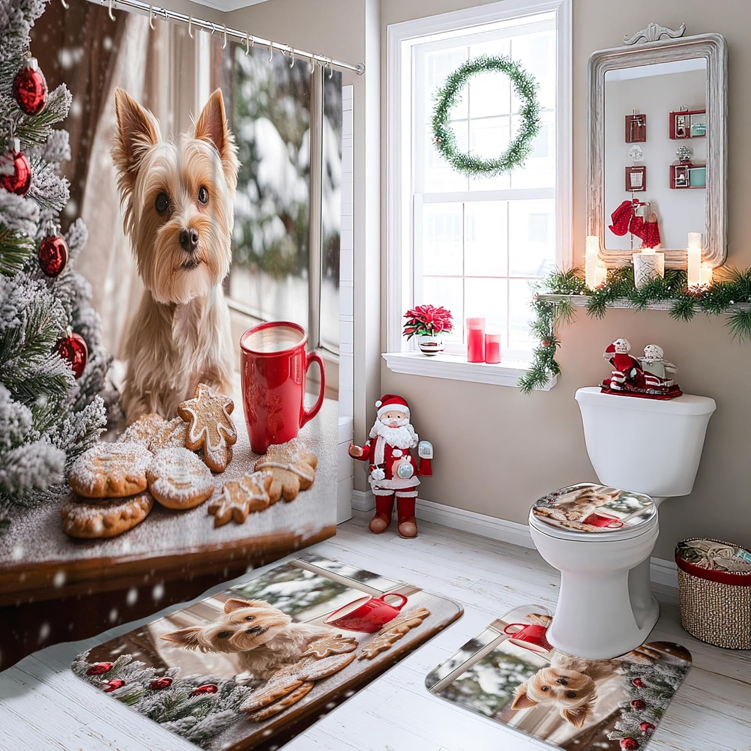 4PCS Winter Christmas Yorkie Dog Bathroom Sets, Bath Accessory with Non-Slip Rug, U Shape Toilet Lid Cover Mat, Gingerbread Xmas Puppy Bathroom Decor-72''x72''