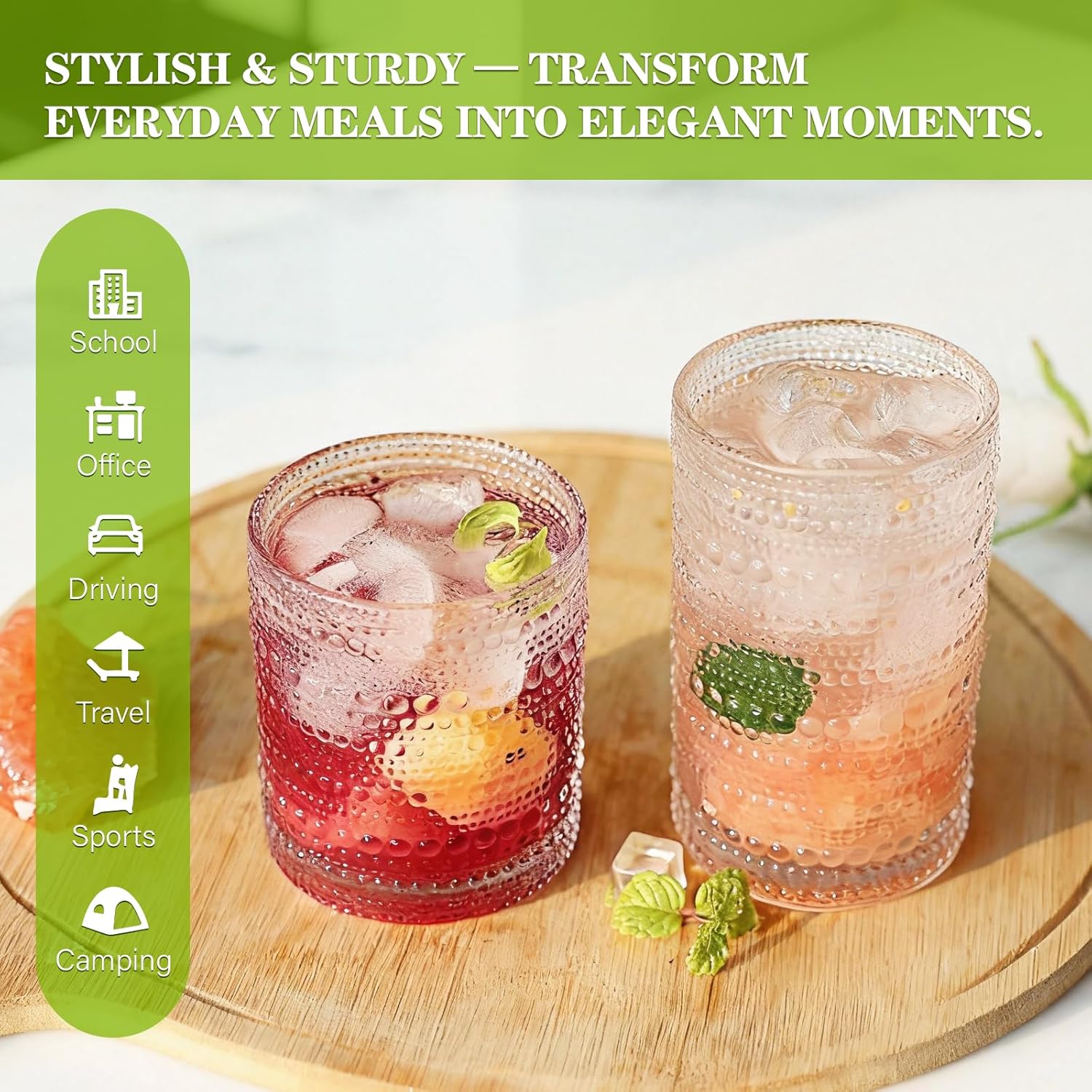 Hobnail Drinking Glasses Set of 8, 10 Oz Kitchen Water Glasses Cup & 12 Oz Vintage Cocktail Glasses Drinkware Set for Whisky, Juice, Wine, Milk - Image 6