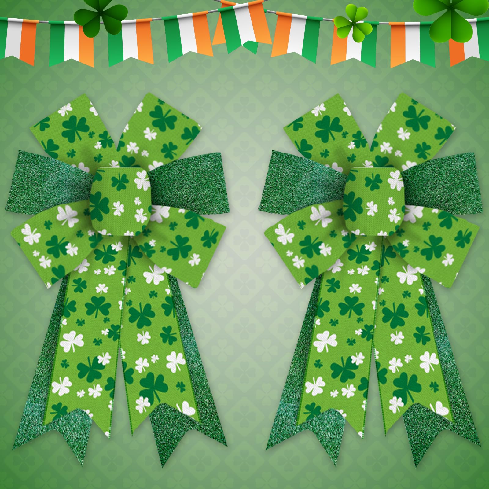 Threetols 2 Pack St. Patrick's Day Wreath Bows, Green Lucky Clover Bows for Wreath Irish Holiday Green Glitter Shamrock Decoration Bows for Indoor Outdoor Holiday St Patricks Party Decor