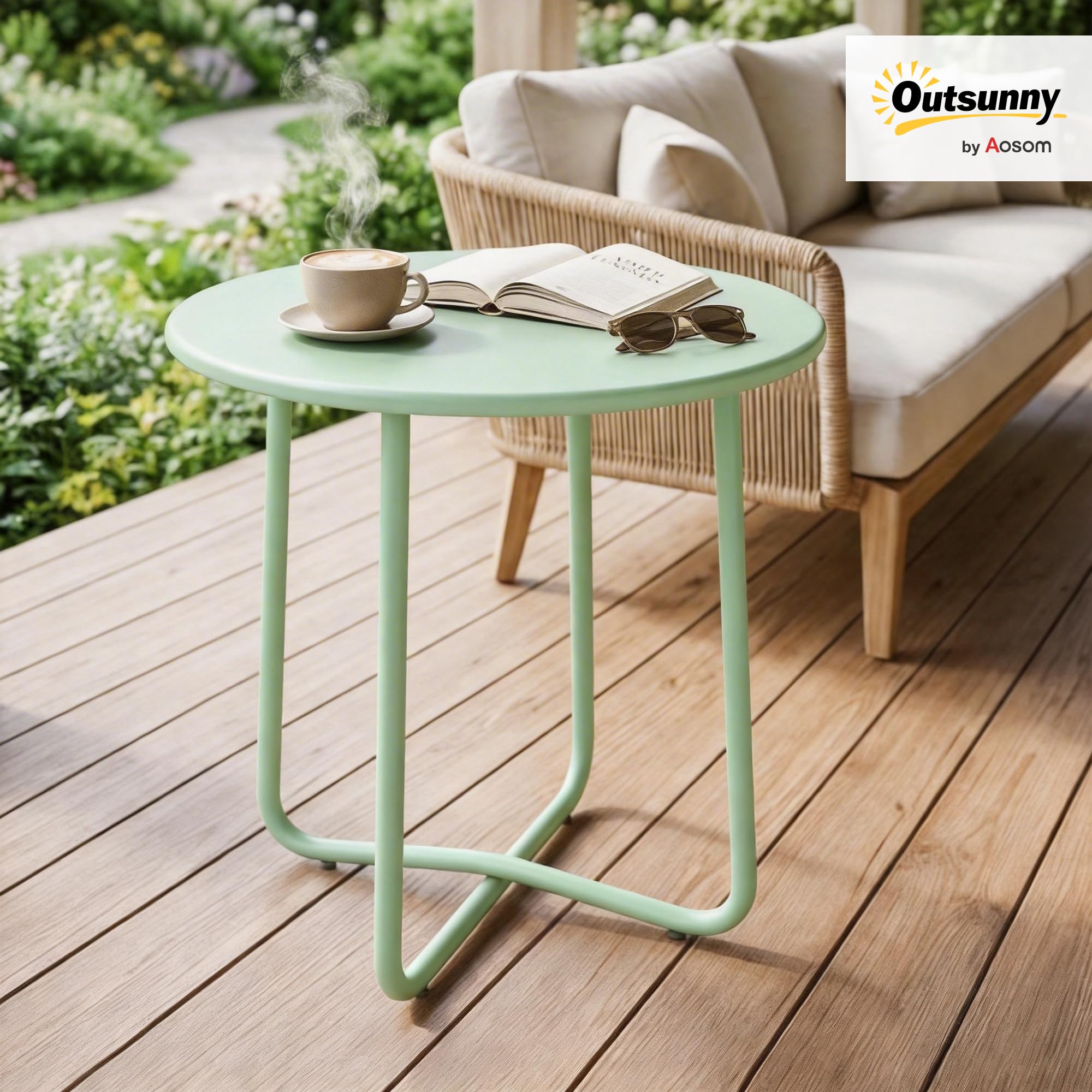 Outsunny Table Basse Extérieure avec Bord Enroulé, Table de Jardin Ronde Base en X avec Pieds Réglables en Hauteur, pour Intérieur Salon Terrasse Balcon, Métal, Ø 48 x 51 cm, Vert