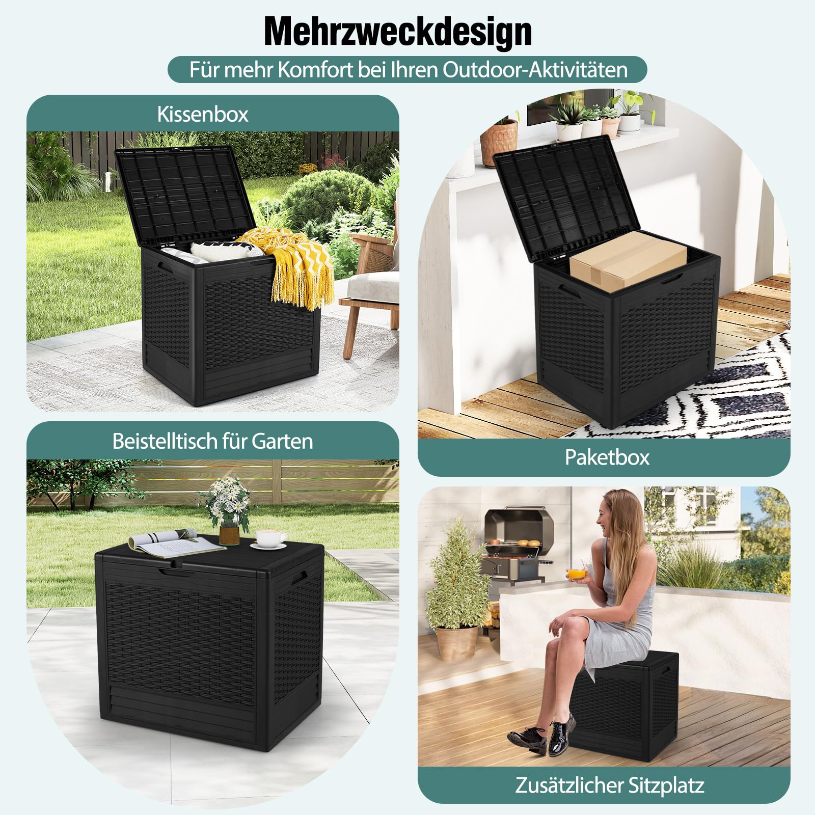COSTWAY Gartenbox 96 L, Auflagenbox mit abschließbarem Deckel & Rattanoptik, wetterfeste Aufbewahrungsbox Kissenbox für Poolzubehör, Gartengeräte, Paketzustellung, Terrassenkissen (Schwarz)