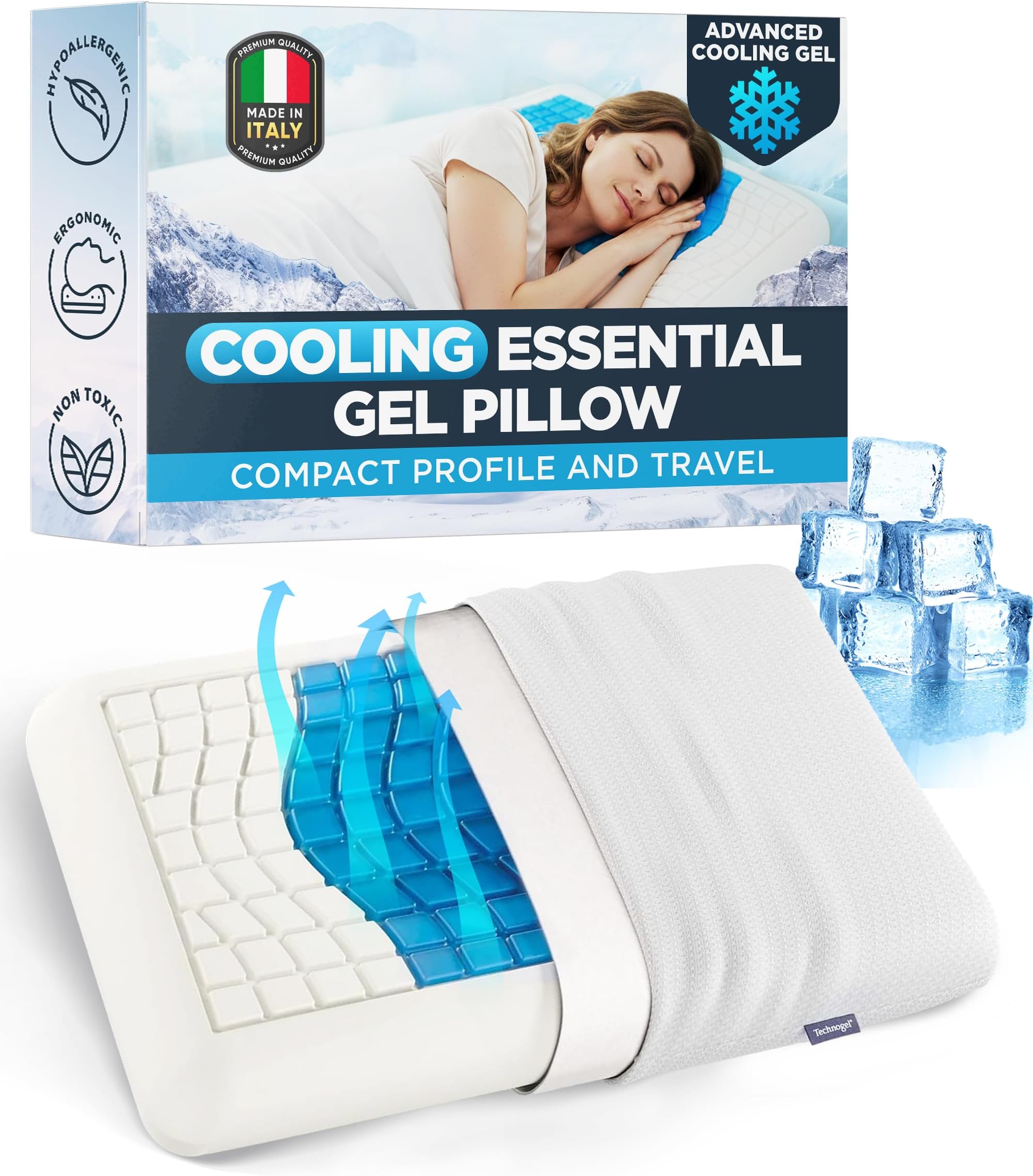 Medium Essential Gel Pillow – 4.5" Memory Foam w/ Cooling Gel Zone for Heat Reduction, Compact Profile for All Sleep Positions & Travel, Washable Cover, Pressure Relief & Neck Alignment – Italian-Made