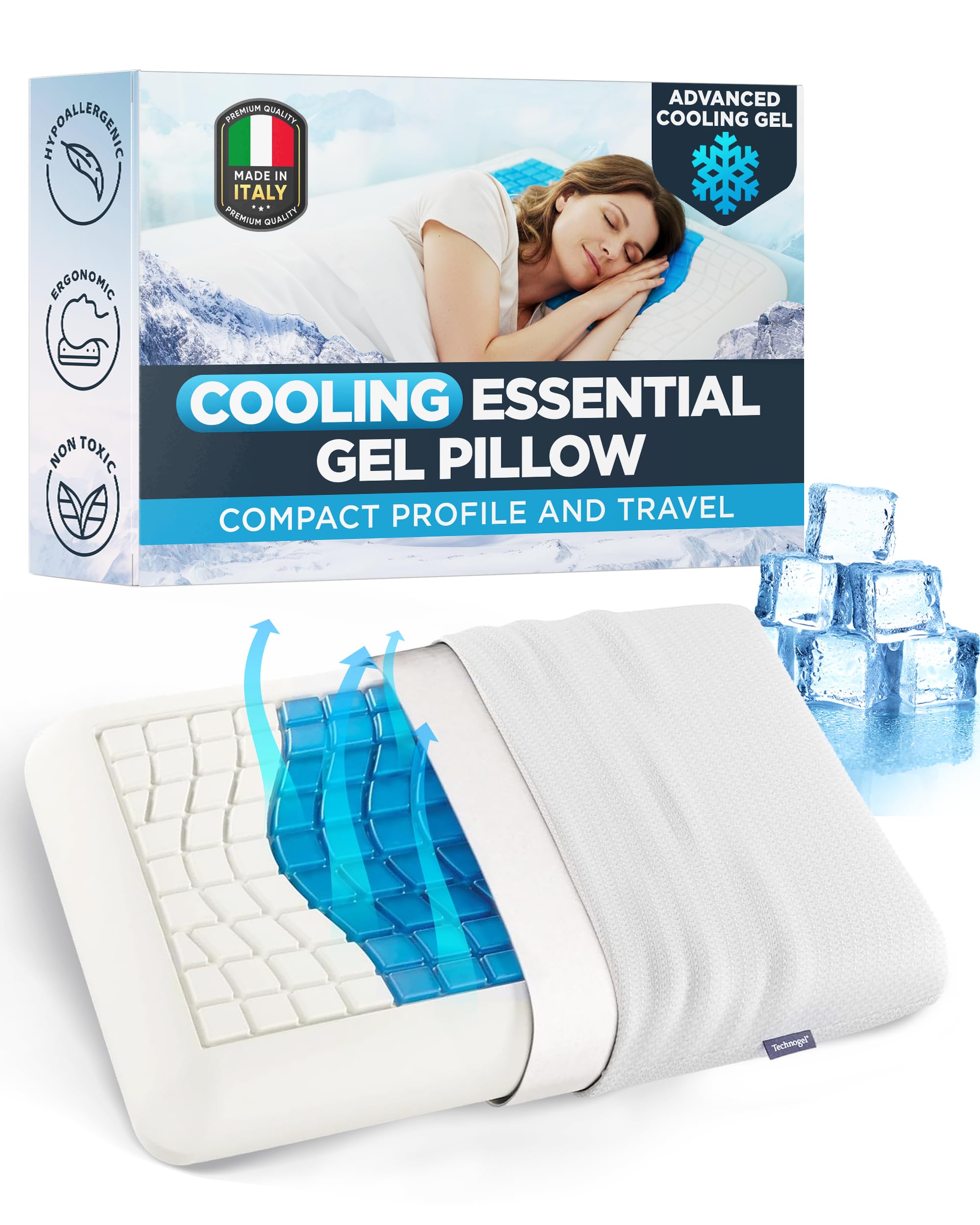 Medium Essential Gel Pillow – 4.5" Memory Foam w/ Cooling Gel Zone for Heat Reduction, Compact Profile for All Sleep Positions & Travel, Washable Cover, Pressure Relief & Neck Alignment – Italian-Made