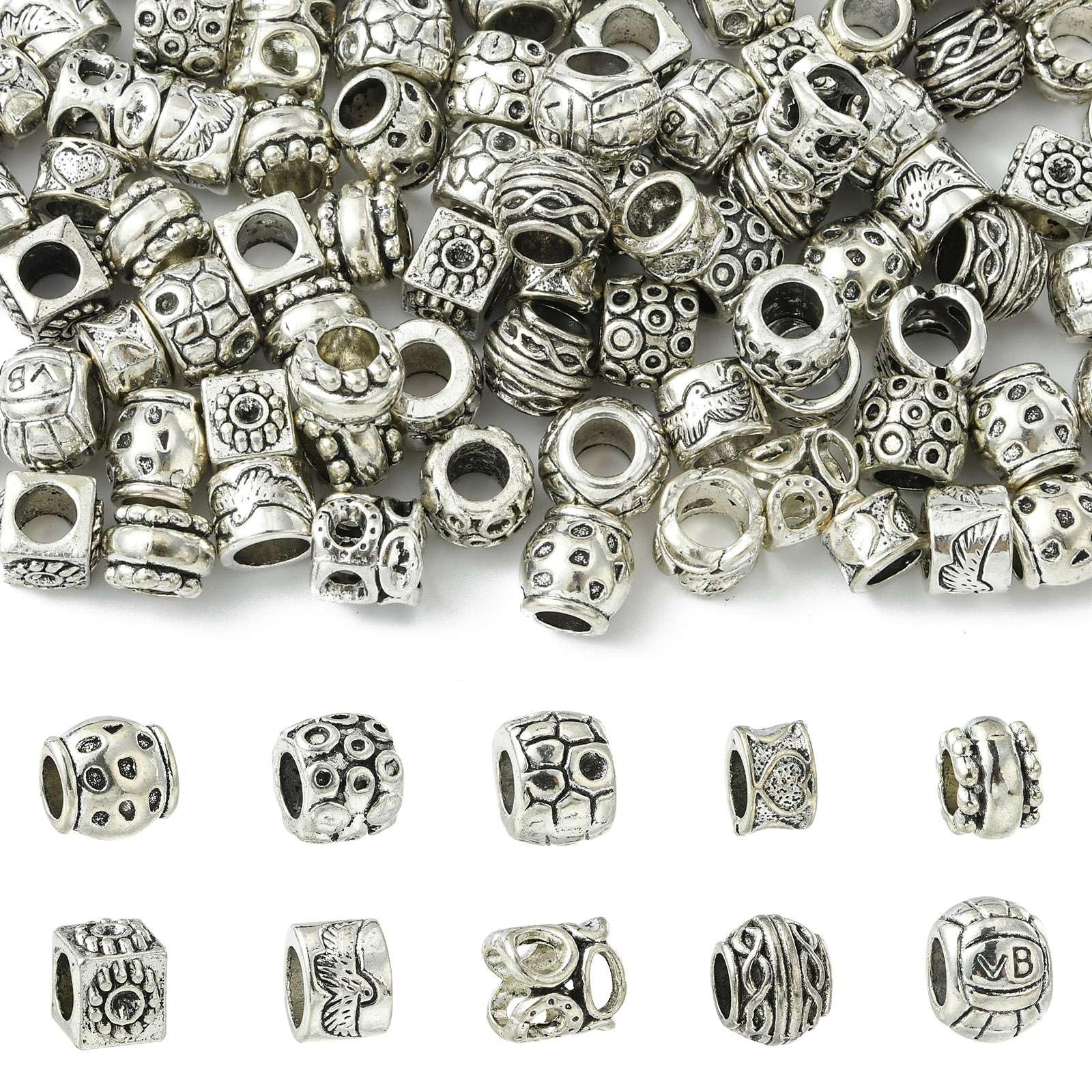 UR URLIFEHALL 100 Pcs 10 Styles Tibetan Silver Spacer Beads Large Hole Rondelle Barrel Column Beads for Bracelet Jewellery Making Hair Crafts