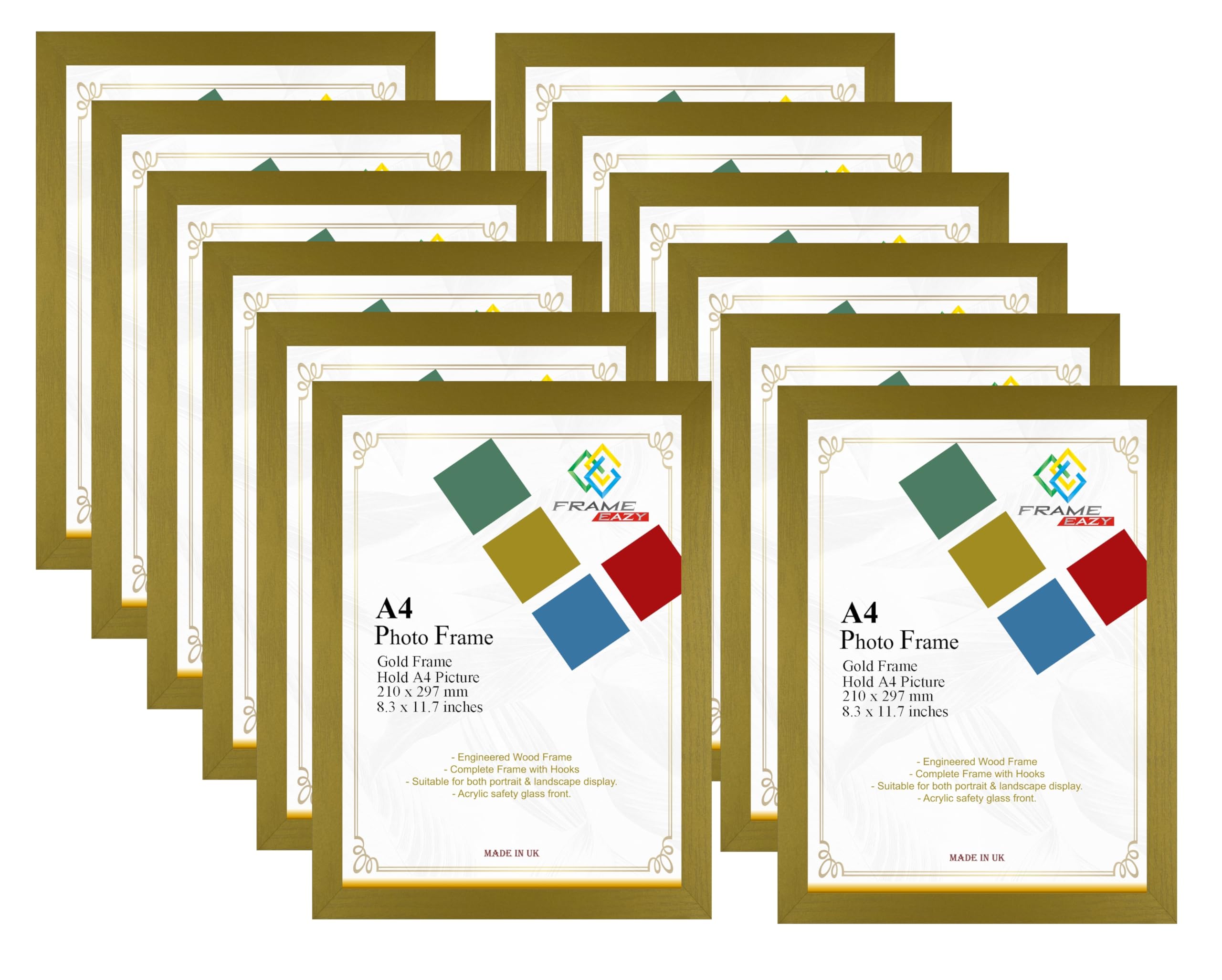 FRAME EAZY Gold Modern A4 Photo Frame Multipack of 12 in Size 29.7 x 21cm Picture Frames - A4 Certificate Frame - Gold Frame with Clear Perspex Sheet & Wall Mounted Hooks - Box of 12