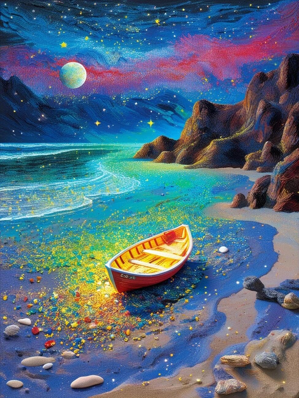 Henypt Cross Stitch Kits Starry Beach Landscape DIY Arts Aand Craft Kit for Beginners The Elderly with Accessories Home & Leisure/Gifts 14CT 30x40cm