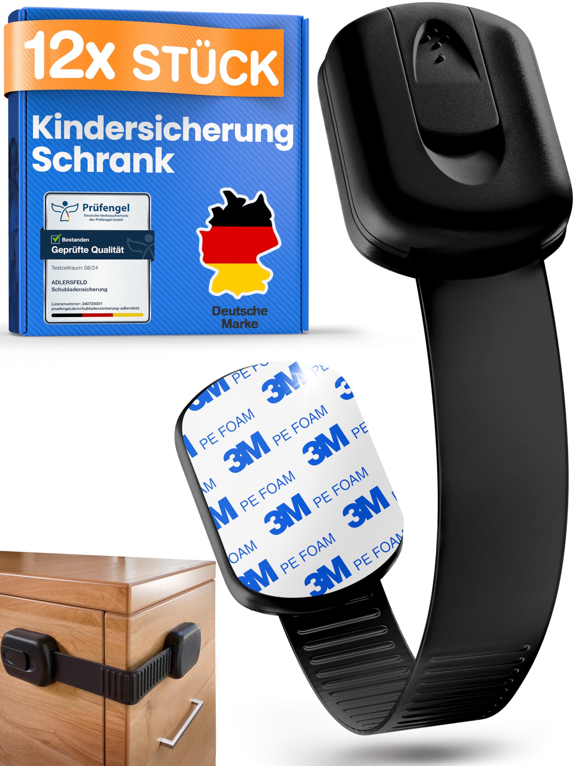 ADLERSFELD 12x Kindersicherung Schrank - (Mit 3M Kleber) Schranksicherung Baby - Längenverstellbar - Schubladensicherung Baby für Schränke, Kühlschrank, Tür - Kindersicherung Schubladen Kinder Schwarz