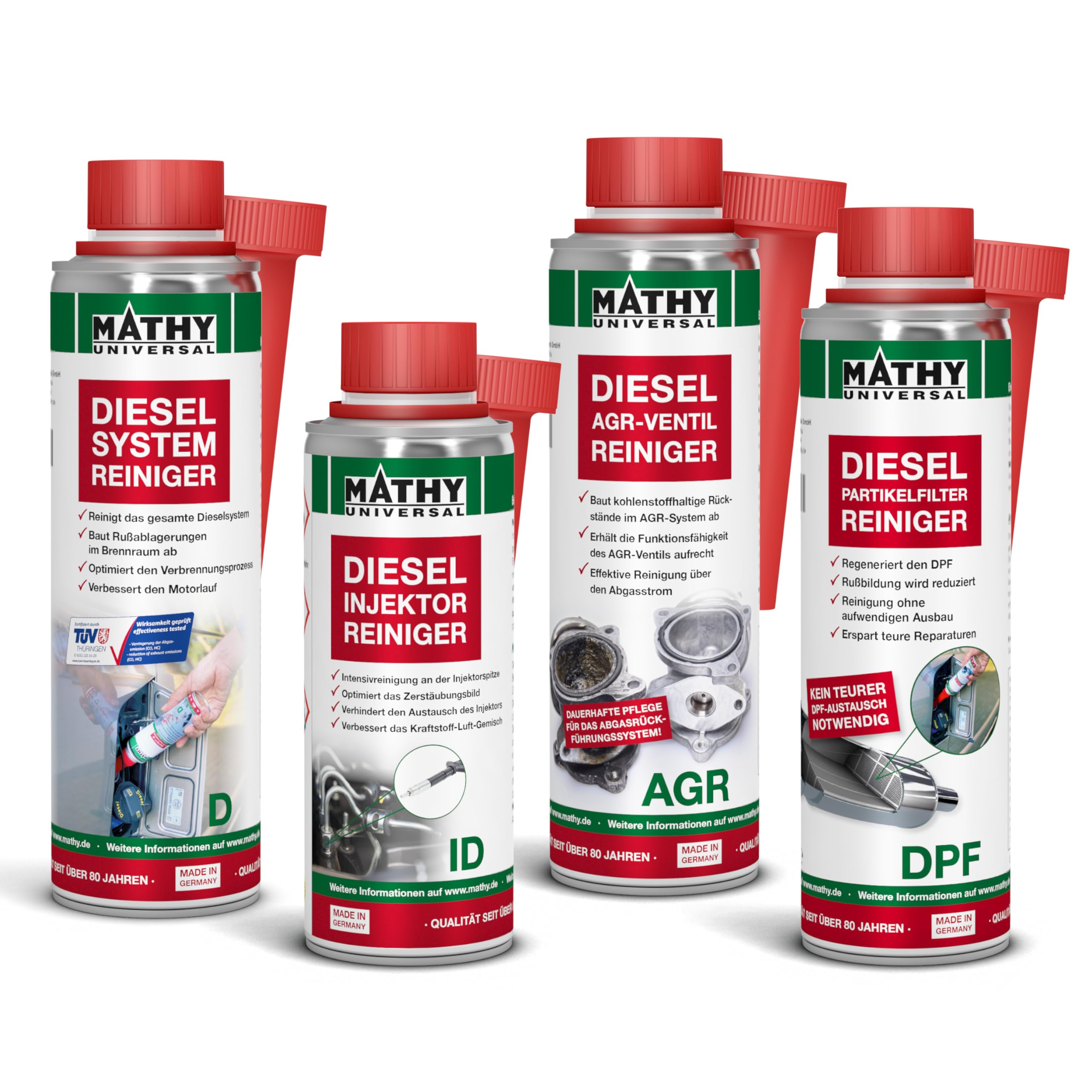 MATHY Diesel-Komplett-Kur - Diesel Additiv Reinigungsset - DPF Reiniger + Diesel Systemreiniger + Injektoren Reiniger + AGR Reiniger, 4 Dosen