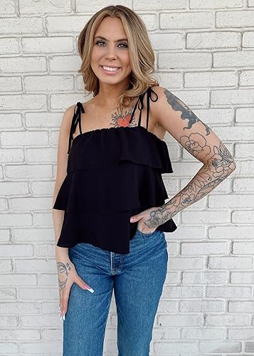 Vista 3 de KIRUNDO Blusa tipo babydoll con volantes y tirantes delgados para mujer, para verano, en capas, para playa, moda, vacaciones, crucero