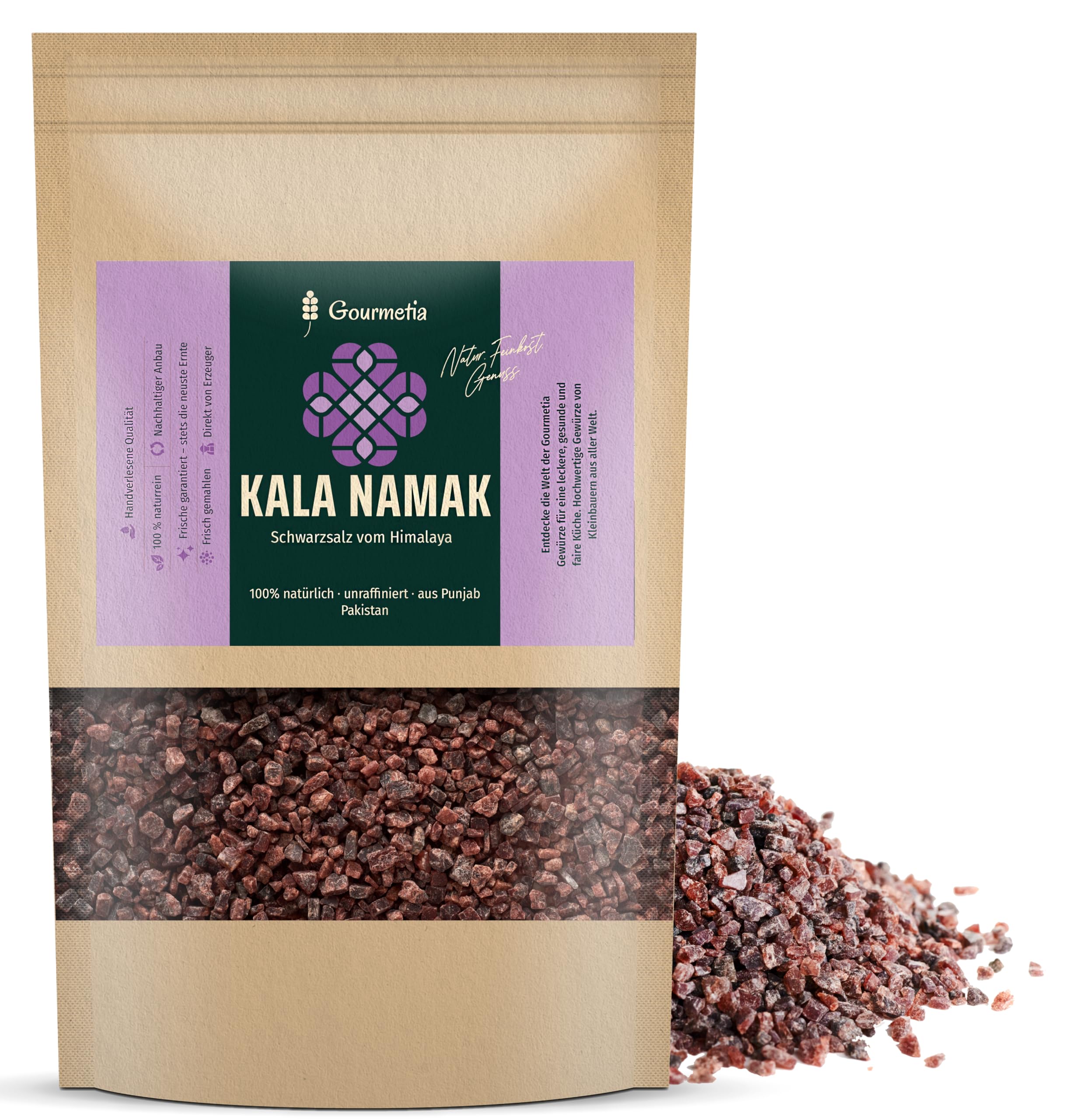 Gourmetia Kala Namak Salz grob 200g, naturbelassenes Schwarzsalz/Schwefelsalz aus Punjab Pakistan - auch als fein