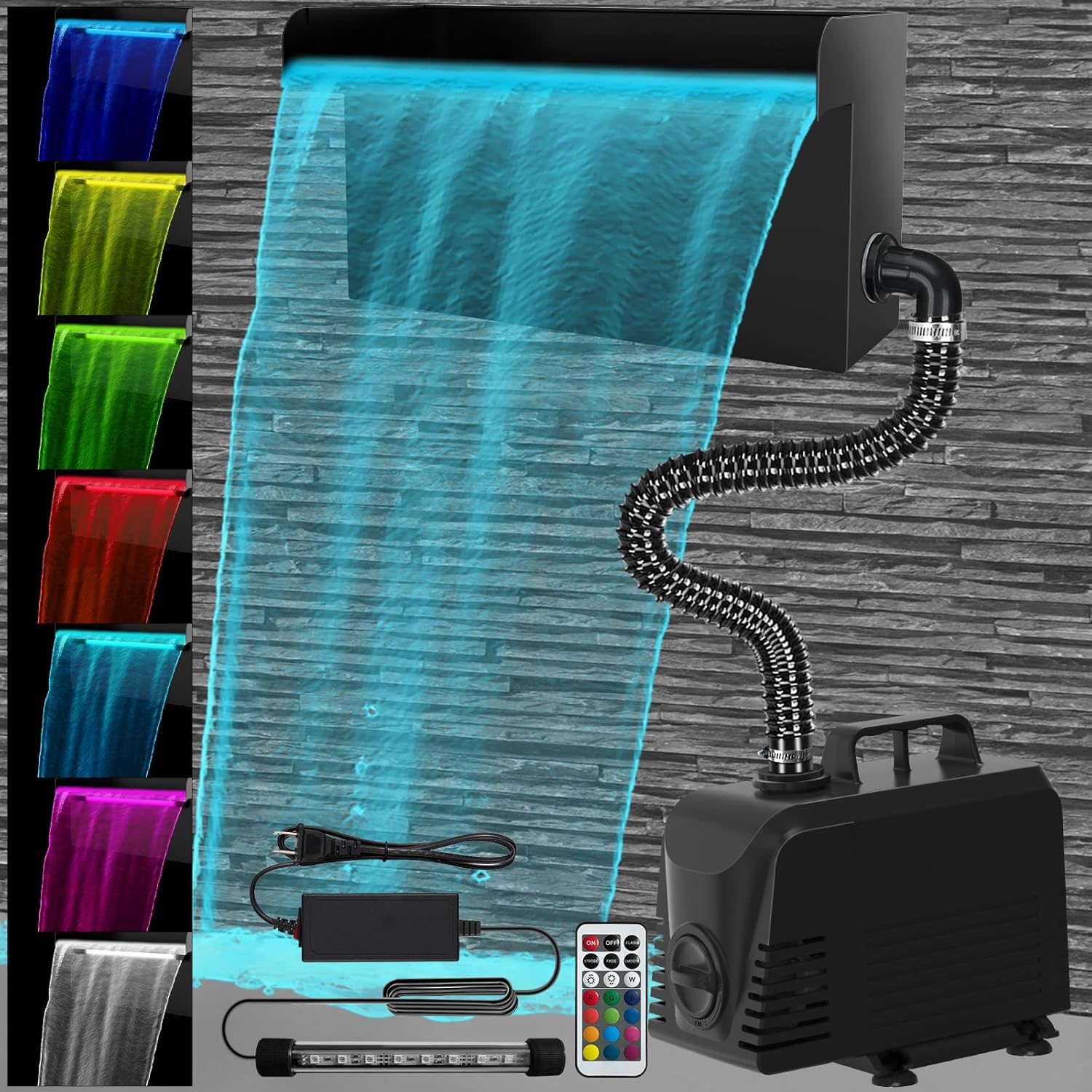 AquaMiracle All-in-1 Pond Waterfall Kit with LED Lights, 8" Stainless Steel Spillway with 660GPH Water Pump, Lighted Waterfall Fountain Outdoor for Water Garden, Backyard, Pool 8in Spillway