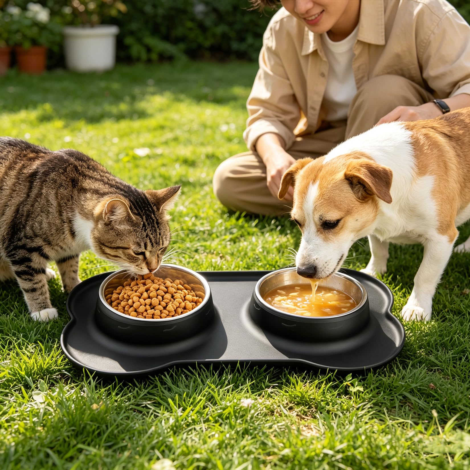 2 PcsComedero Perro Pequeño, Comedero Gatos, Comedero y Bebedero Perros Antigoteo, Comederos Bebedero para Gatos Perros Mascotas de Acero Inox, con Base de Silicona Antideslizante (S 36 x 21 cm)