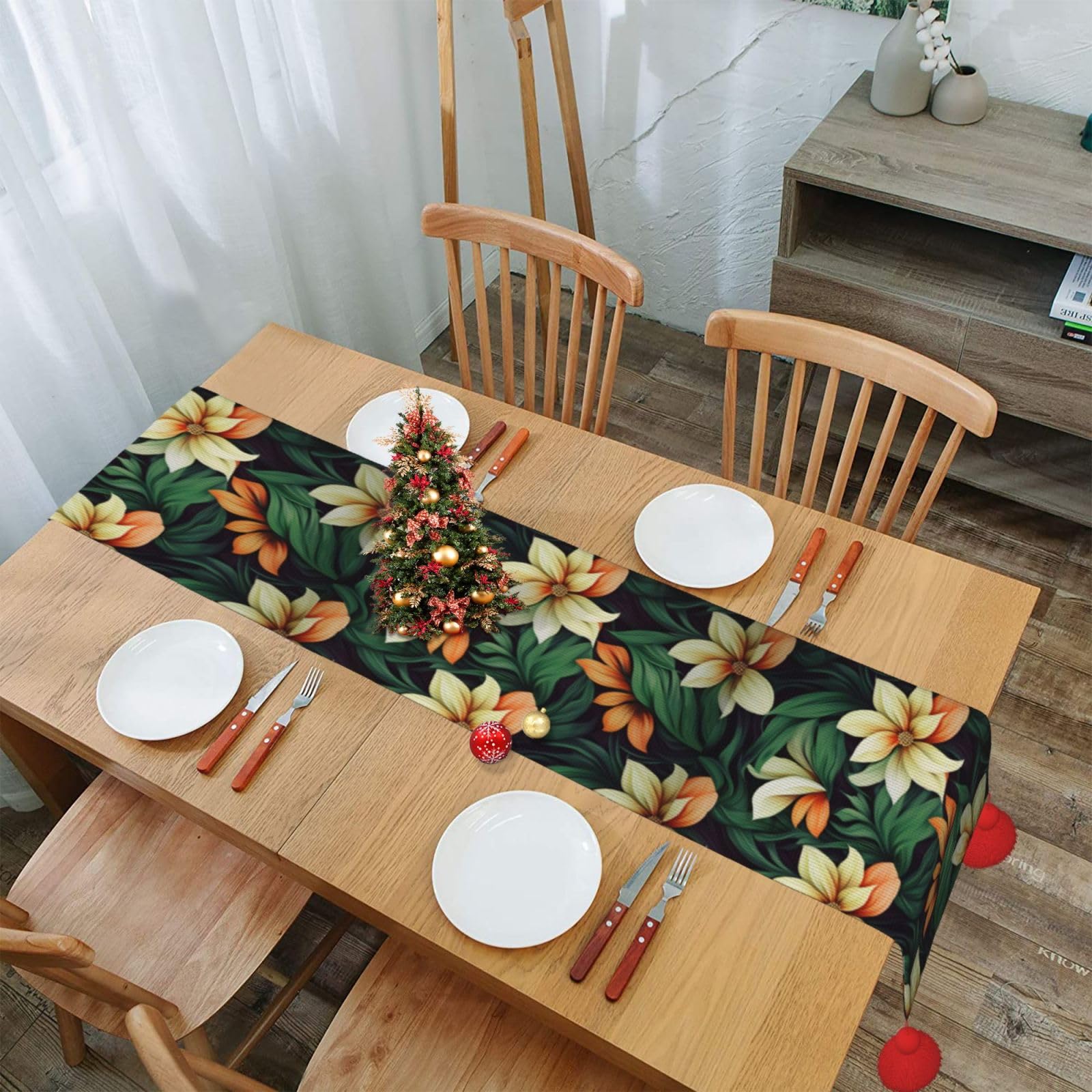 Chemin de table automne motif floral feuilles décoration Noël table rustique 152cm