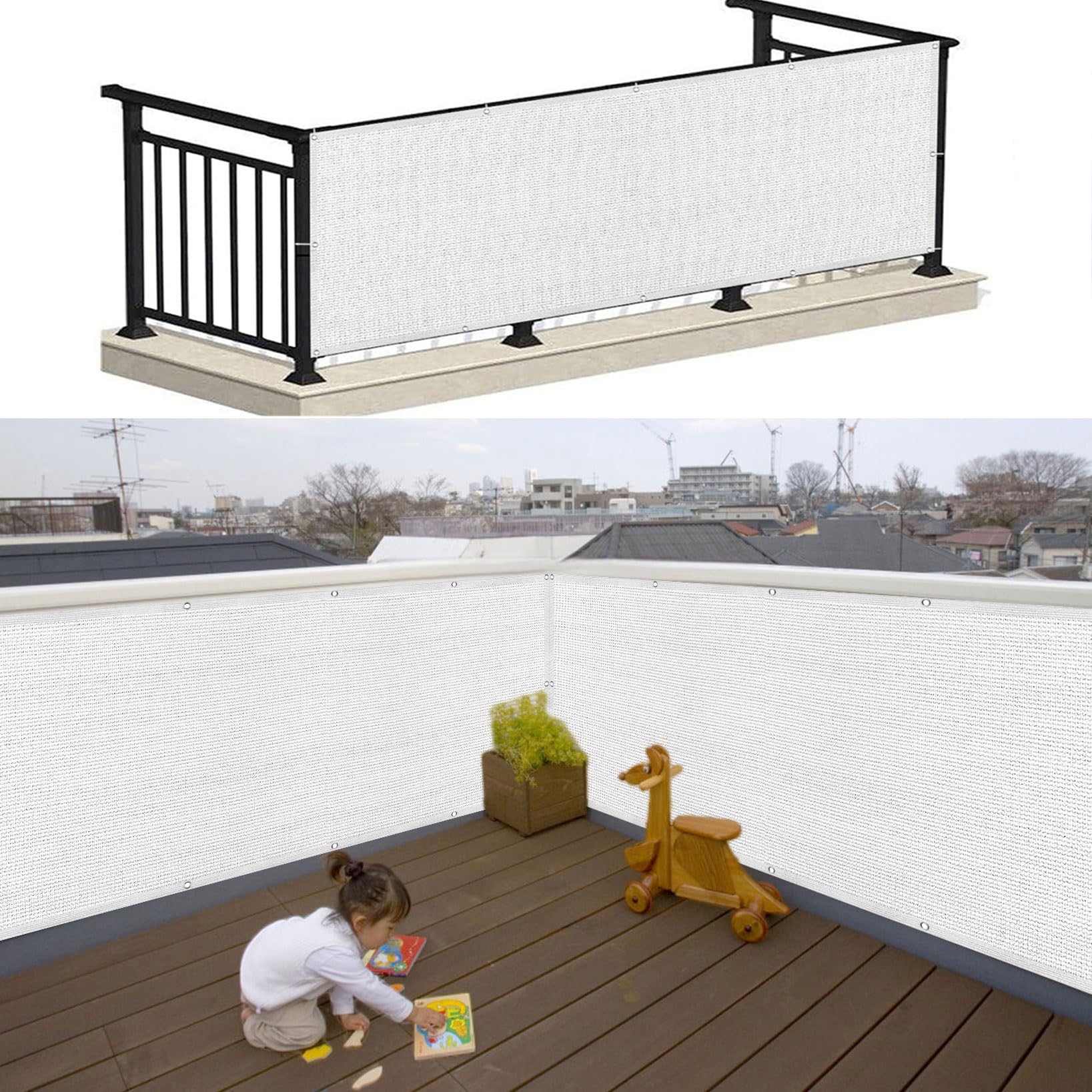 Osłona Ekranu Chroniąca Balkon 85 x 300 cm Słoneczny Wiatr Ogrodzenie Z Siatki Przeciwwiatrowej Z Otworami I Opaskami Kablowymi Ekran Ogrodzeniowy Na Balkon, Biały