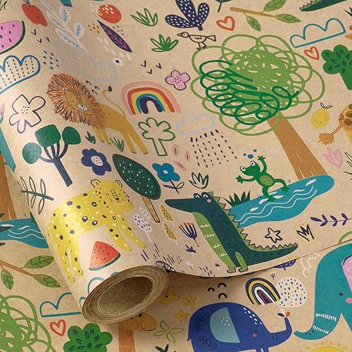 RUSPEPA Rollo de papel de regalo para baby shower, 17 pulgadas x 16.4 pies, diseño colorido de animales de dibujos animados en papel kraft, para