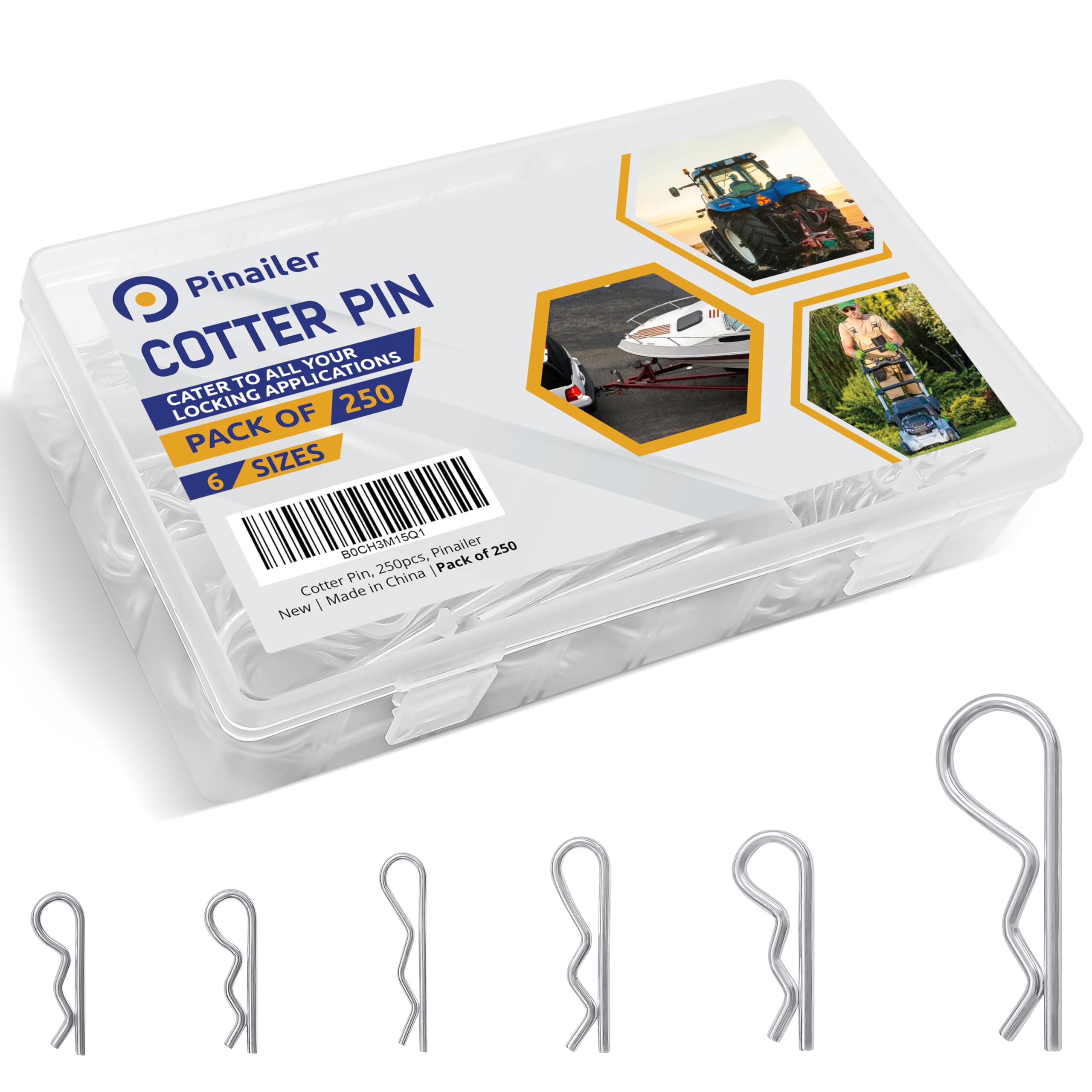 250 Pcs Cotter Pin Assortment Kit – Zinc Plated R Clip Stainless Steel Cotter Pins in 6 Different Sizes – Easy Installation & Tool Free Removal – Reusable Fastener for Hitch Pins, Machinery & Vehicle