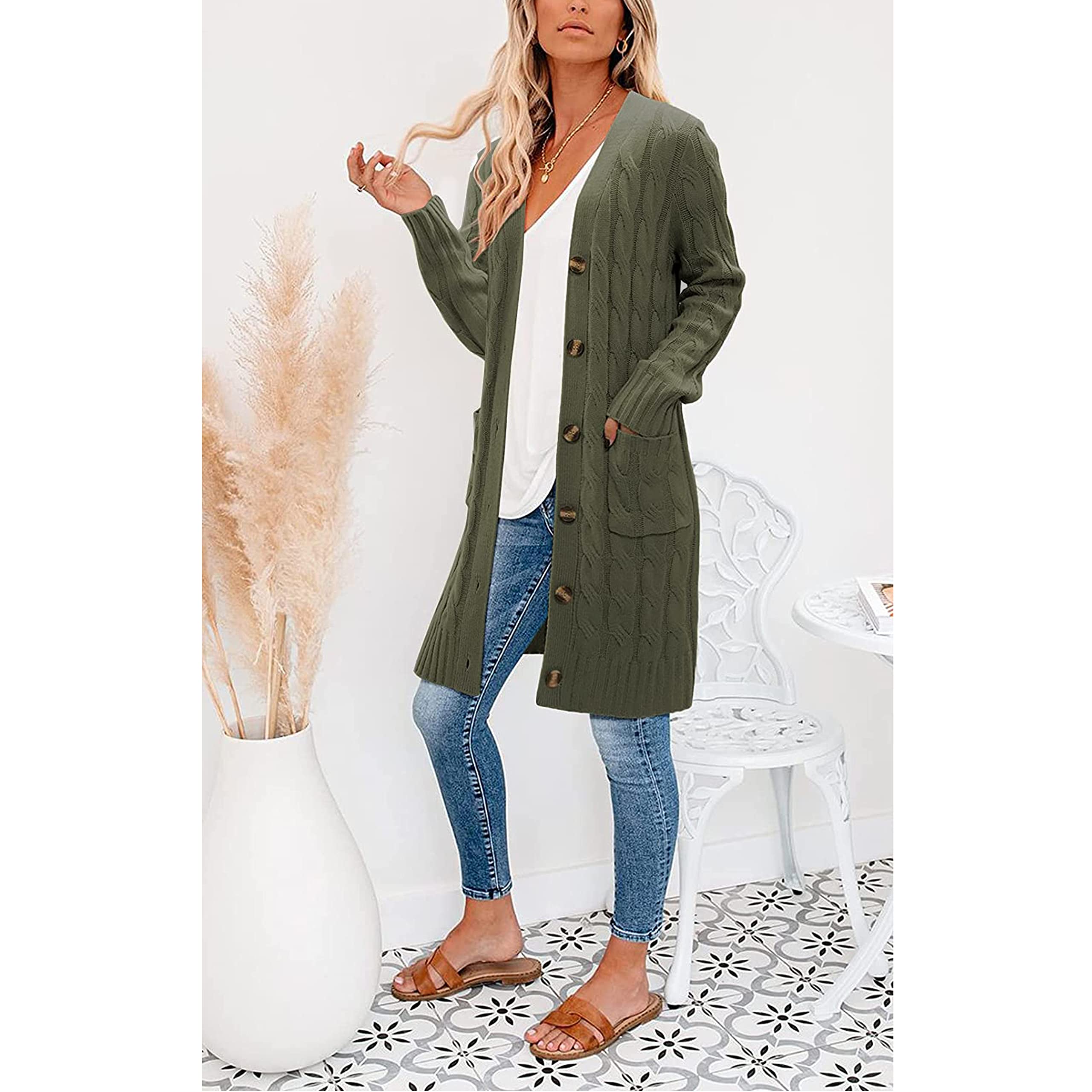 kinstell Damen-Strickjacke mit Knöpfen, langärmelig, dick, geflochten, lang, für Freund, Opa, Braun