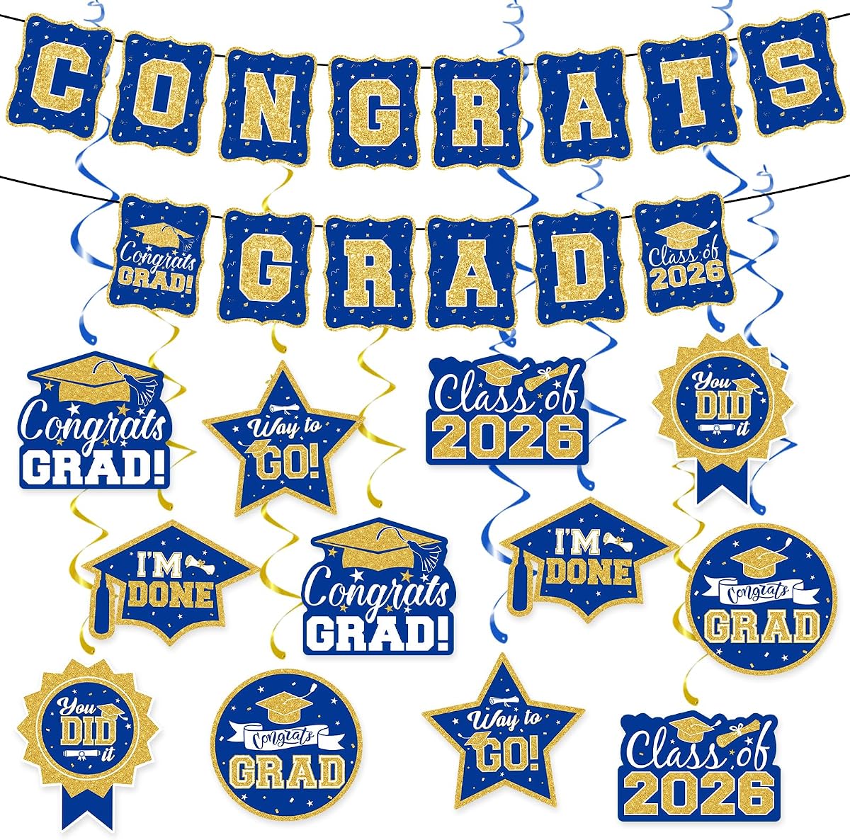 2026 Graduation Decorations Set - Graduation Party Congrats Grad Banner Class of 2026 Hanging Swirls Streamers Ceiling Decor for College High School Classroom Grad Party Supplies (Blue Gold)