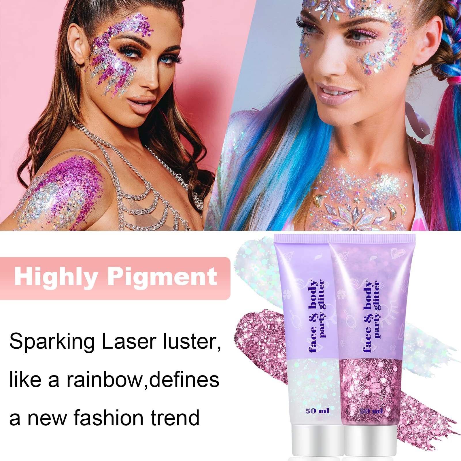 Go Ho Pink Face Body Glitter Gel,Singer Concerts Face Glitter Makeup,Holographic Long Lasting Chunky Sequins Glitters for Eye Lip Hair Nails,Festival Rave Accessories,03 Pink Glitter 52g - Image 3