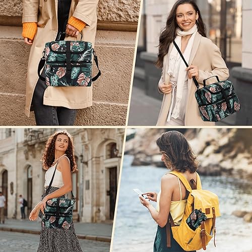 Miniatura 7 de PBRO Lonchera térmica de doble cubierta para mujer, lonchera grande reutilizable con cinturón de hombro ajustable, bolsillos laterales, lindas hojas