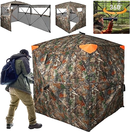 FUNHORUN Hunting Blind 360 Degree See Through Double Door Ground Blind for Hunting, 2/3 Person Pop Up Portable 58" Camouflage Deer/Turkey Tent with Blaze Orange Panels