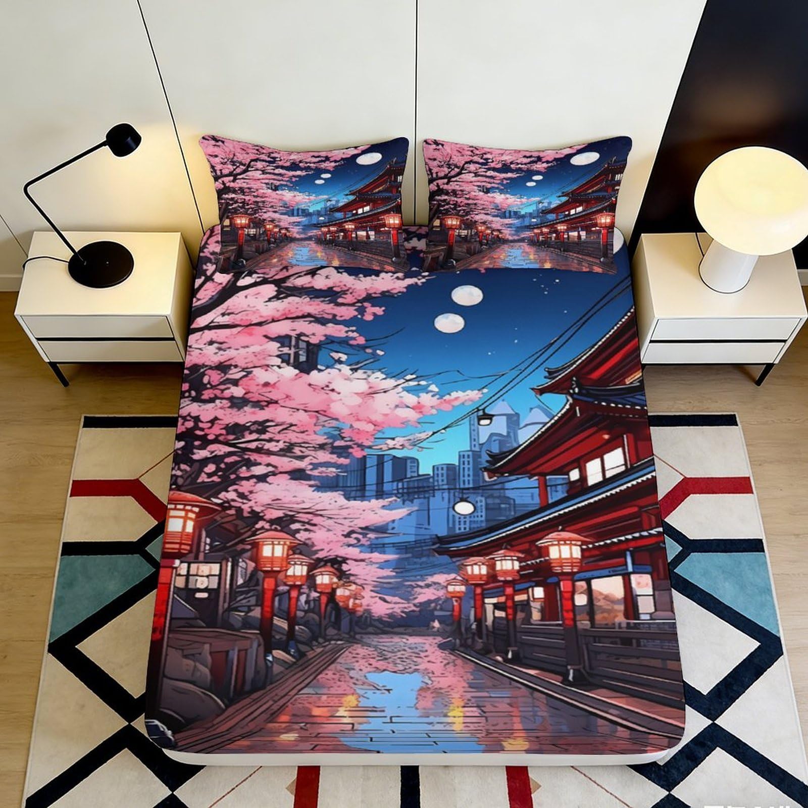 3D Printed Sakura Night City Fitted Sheet Microfiber Soft Breathable Japanese Temple Mattress Cover for Bedroom Guest Room 90x200x25cm