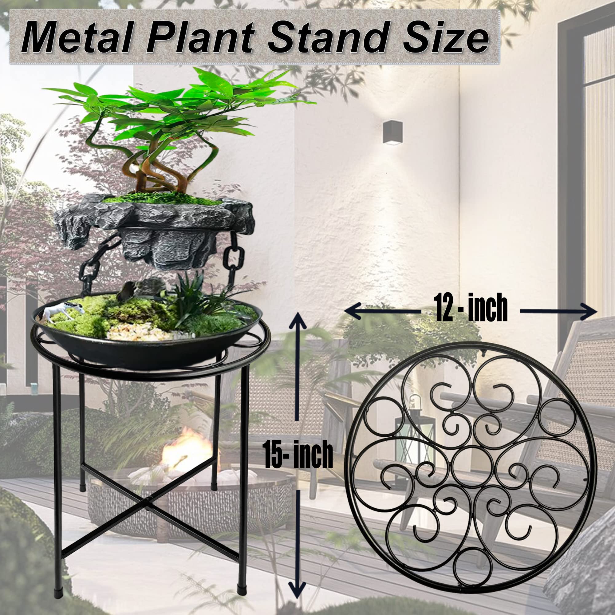 Pflanzenständer für den Außenbereich, 38,1 cm hoch, Retro-Design, rund, rostfrei, beschichteter Metall-Topf, Blumenständer für Zimmerpflanzen, Terrasse, Garten, Heimdekoration, Schwarz, 2 Stück