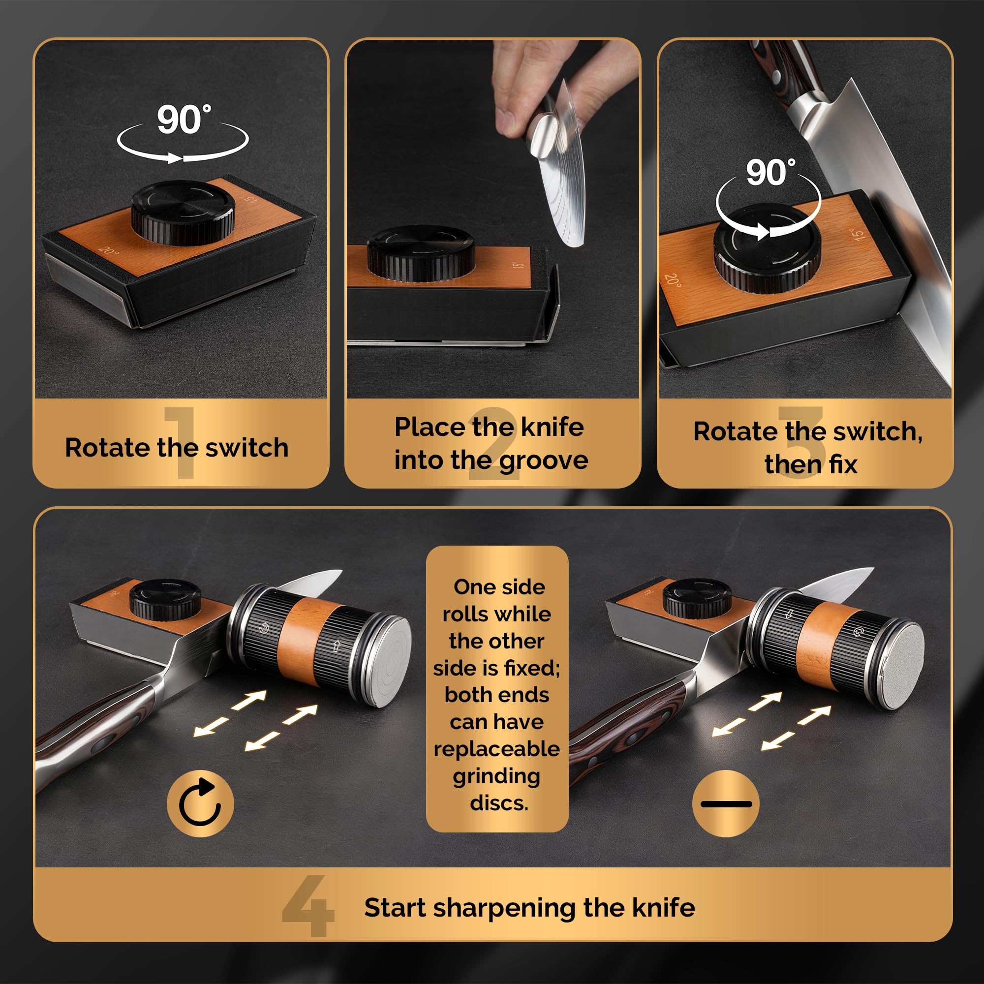 Affilacoltelli a Rullo, Pietra Affilacoltelli Professionale da Cucina, Rolling Knife Sharpener con 5 Pezzi Dischi di Ricambio per Affilacoltelli, Offre due Angoli di Affilatura di 15° e 20° （Nero）
