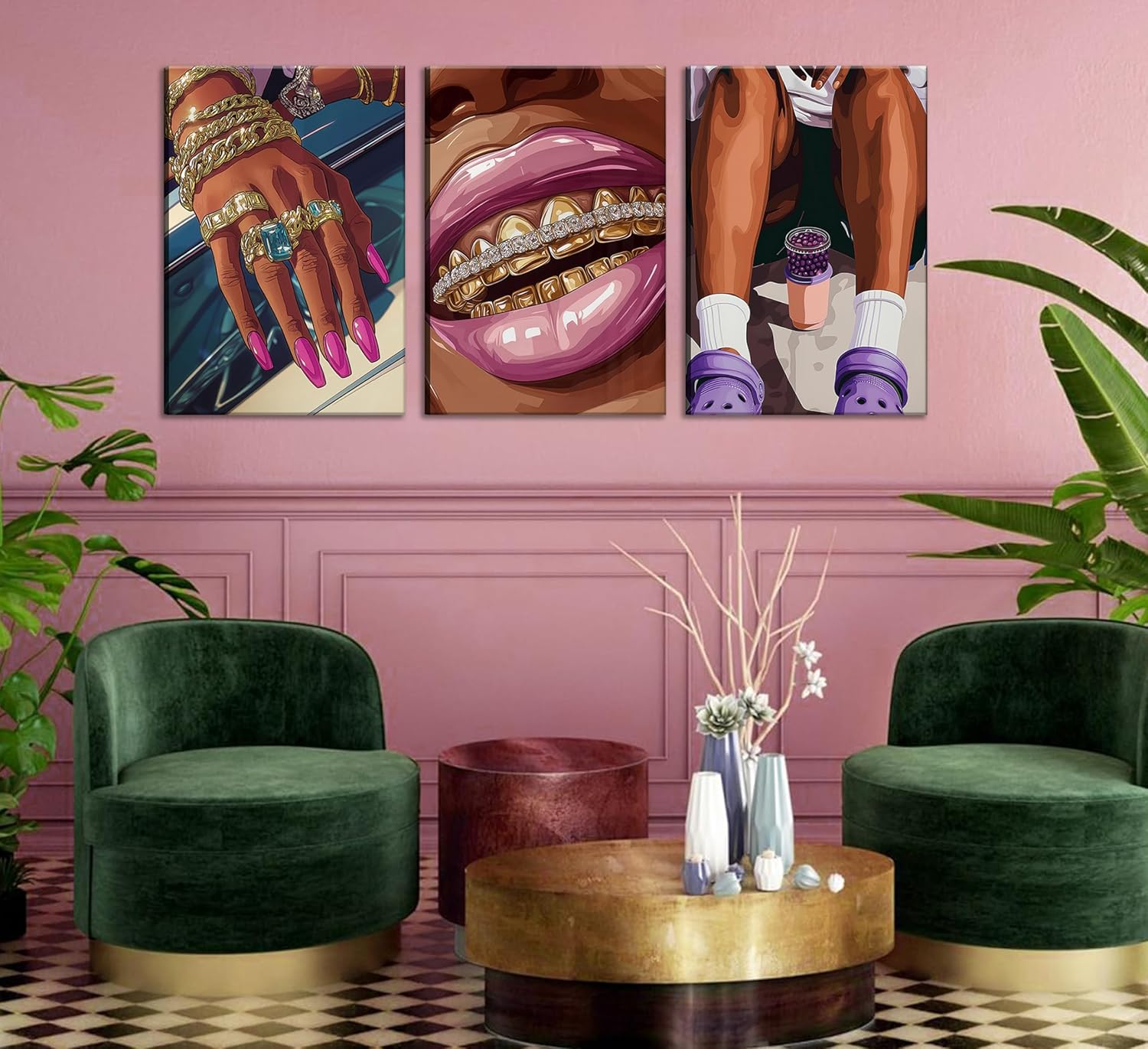 3Pcs African American Black Woman Canvas Wall Art Purple Fashion Black Girl Painting Pictures Wall Decor Poster Print Artwork for Living Room Bedroom Home Decoration