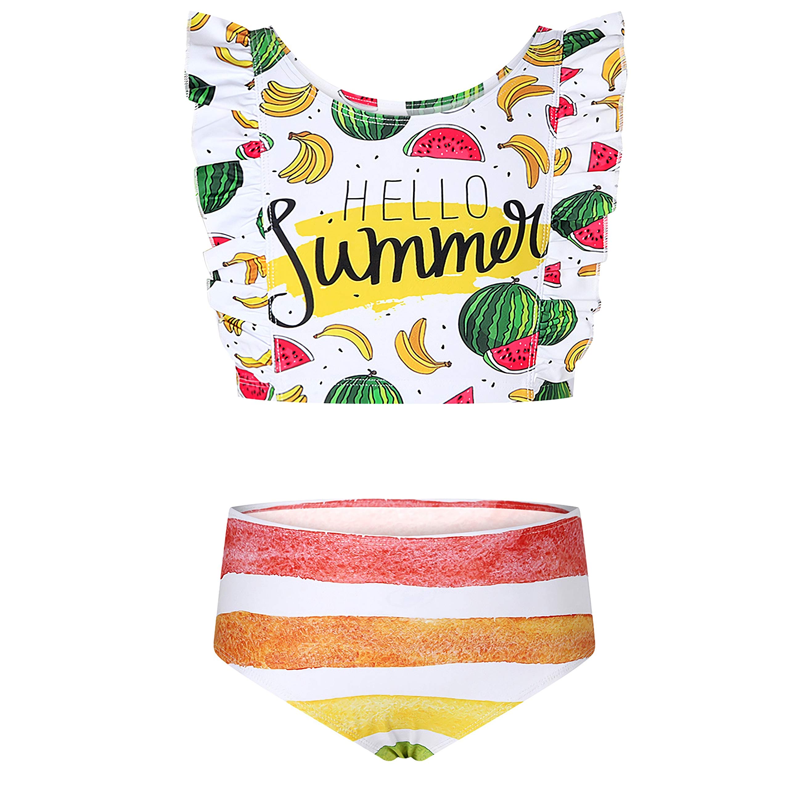 CRAZY GOTENDGirls Two-Piece Swimsuit Flamingo/Summer Flower Stripe Printed Flying Sleeve Ruffle Swimwear Bikini