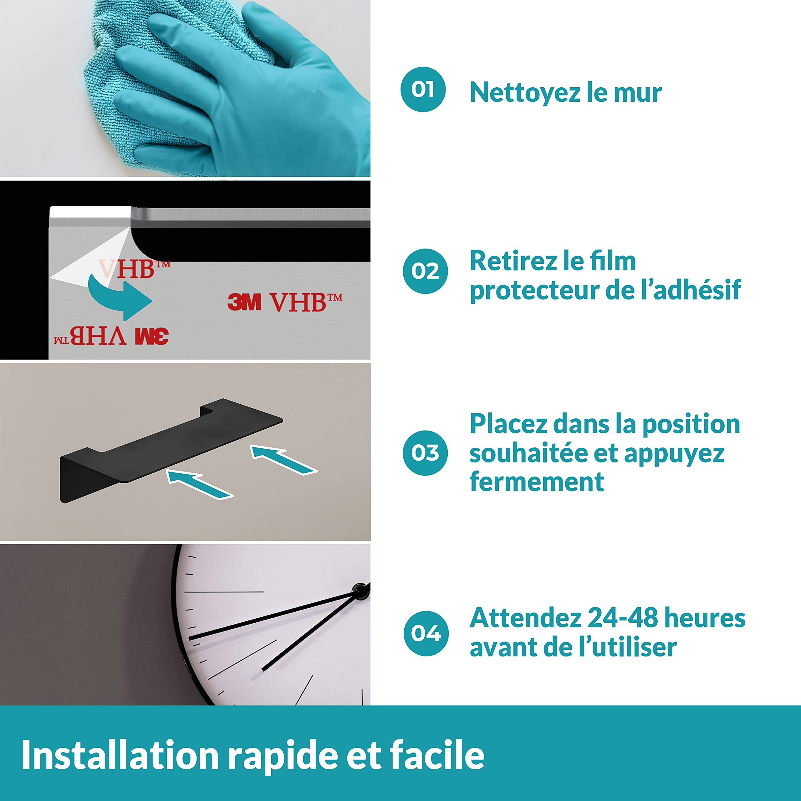 WEISSENSTEIN Tablette Murale Adhésive en INOX Noir 24 cm - Salle De Bains - Grande Étagère Autocollante - sans Trou Ni Percage