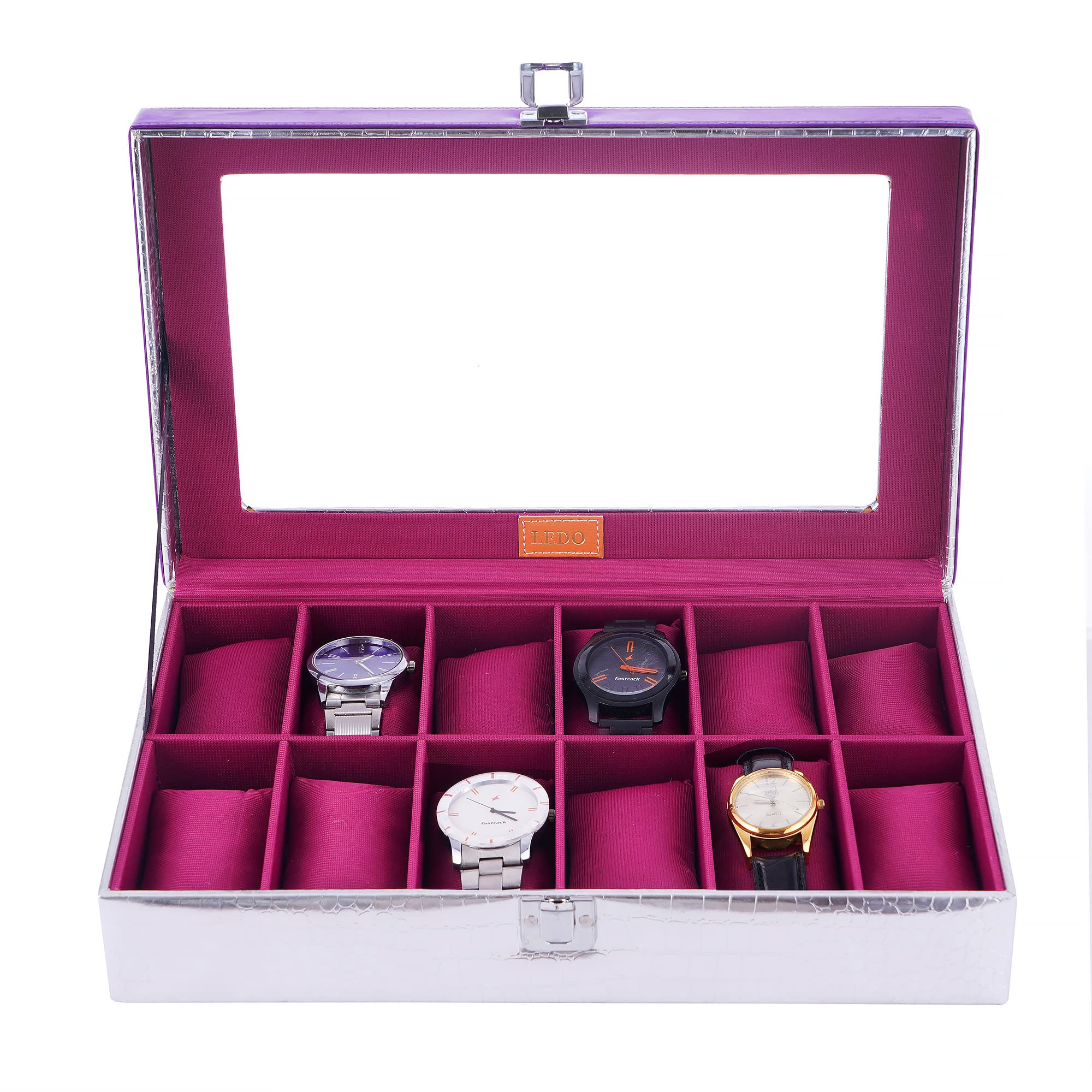 LEDO Present Watch Box Case Organizer in 12 slots of Watches with Glass Face Display in Silver Color (B09JDQ5RJC) Amazon Price History, Amazon Price Tracker