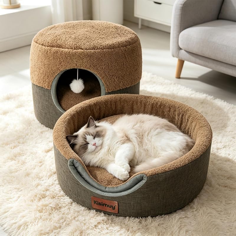 Cama para Gatos 2 em 1 KISIMUY, Toca Conversível Marrom com Almofada Reversível, Tamanho Grande, 50,04 x 50,04 x 38,1 cm